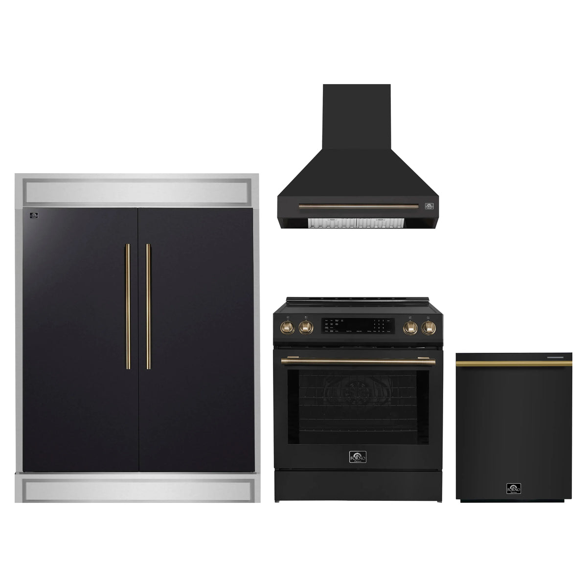 Forno 4-Piece Appliance Package - 30-Inch Espresso Induction Range, Wall Mount Range Hood, 60-Inch Built-In Convertible Refrigerator, and Dishwasher in Black with Antique Brass Trim