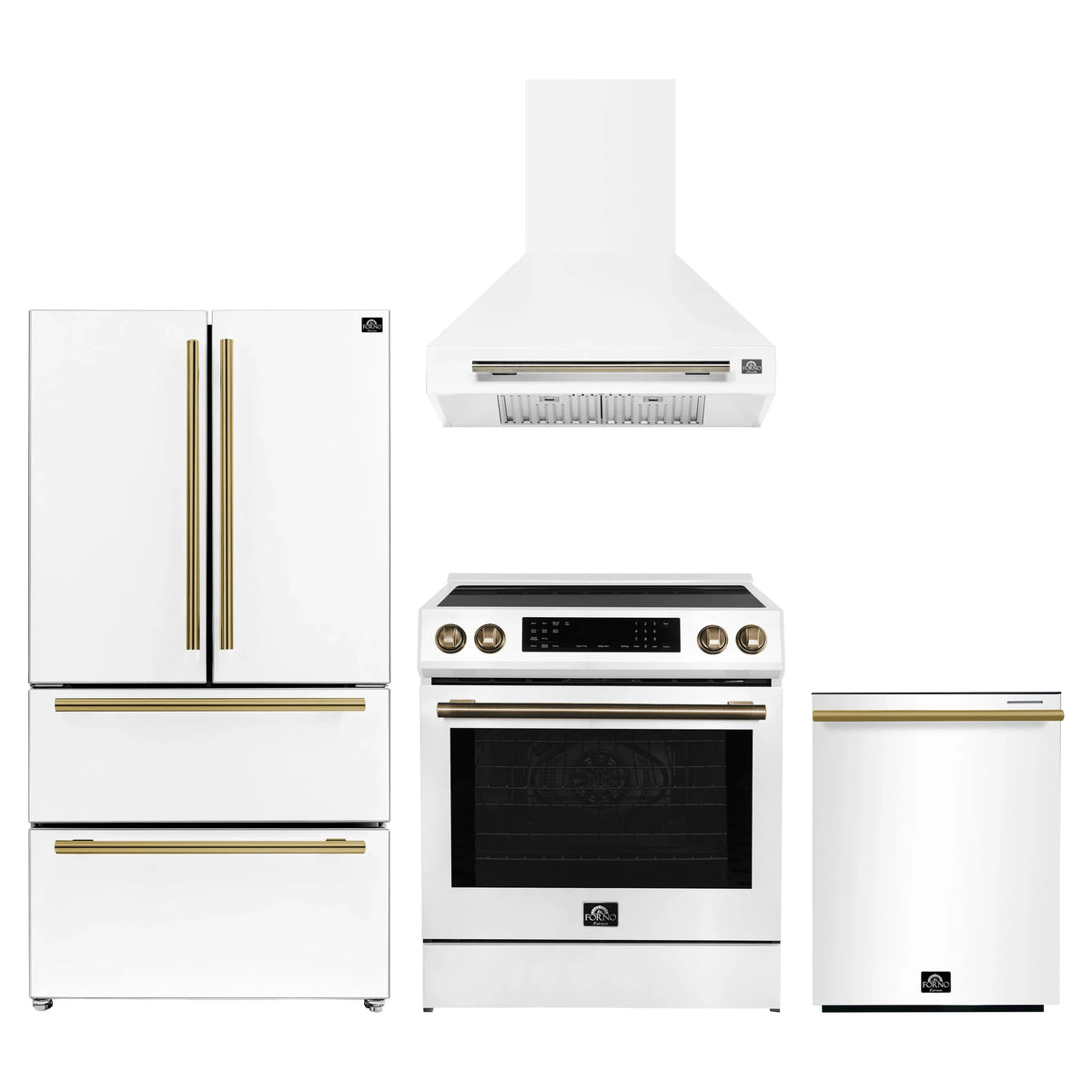 Forno 4-Piece Appliance Package - 30-Inch Espresso Induction Range, Wall Mount Range Hood, 36-Inch French Door Refrigerator, and Dishwasher in White with Antique Brass Trim