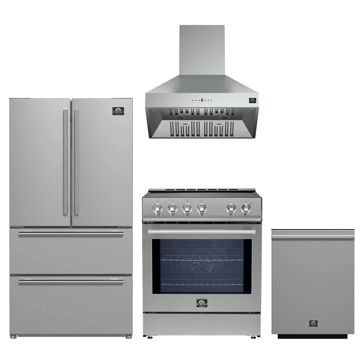 Forno 4-Piece Appliance Package - 30-Inch Espresso Induction Range, Wall Mount Range Hood, 36-Inch French Door Refrigerator, and Dishwasher in Stainless Steel