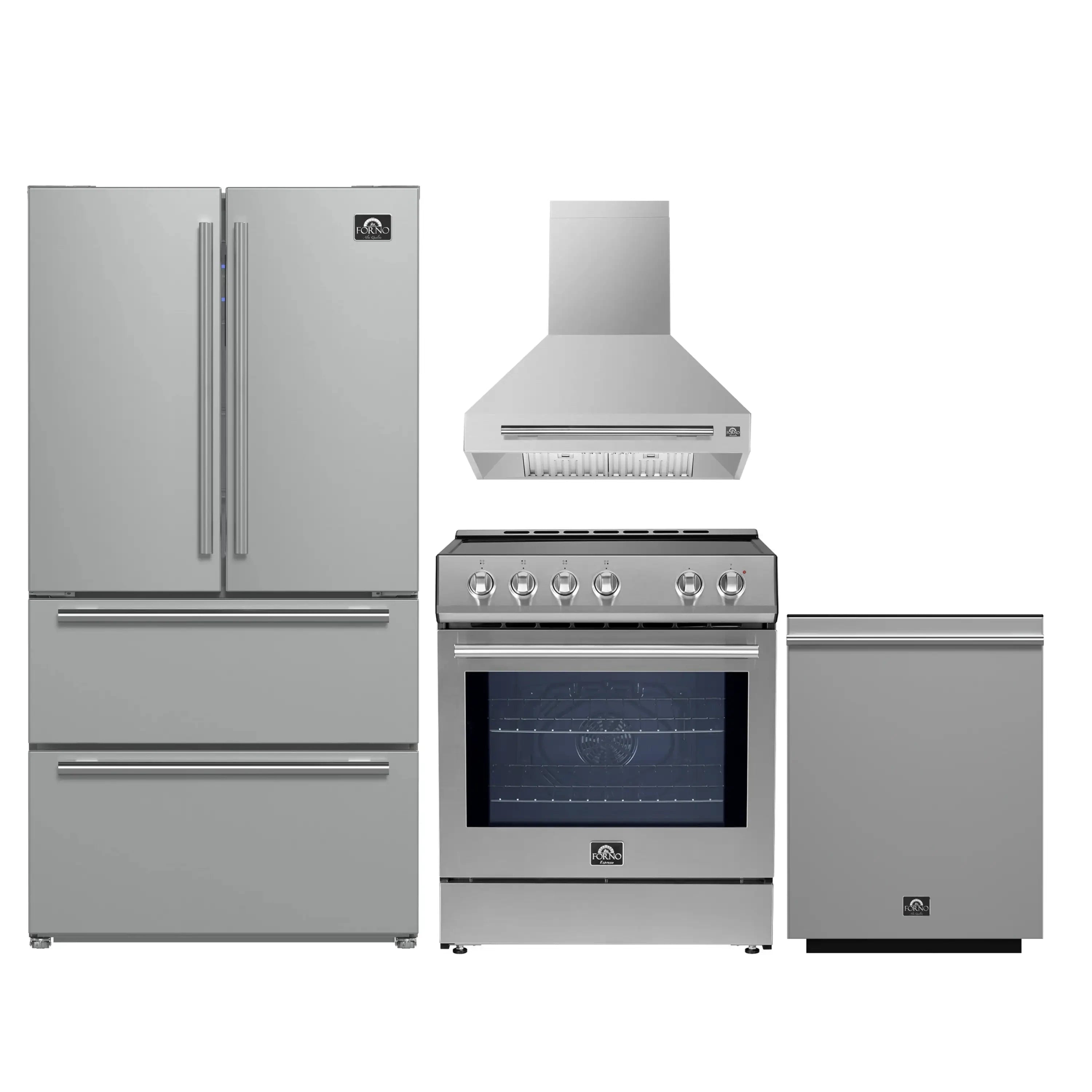 Stainless steel kitchen appliance set with refrigerator, range, and wall hood