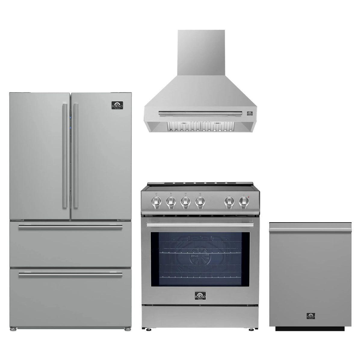 Forno 4-Piece Appliance Package - 30-Inch Espresso Induction Range, Wall Mount Range Hood, 36-Inch French Door Refrigerator, and Dishwasher in Stainless Steel
