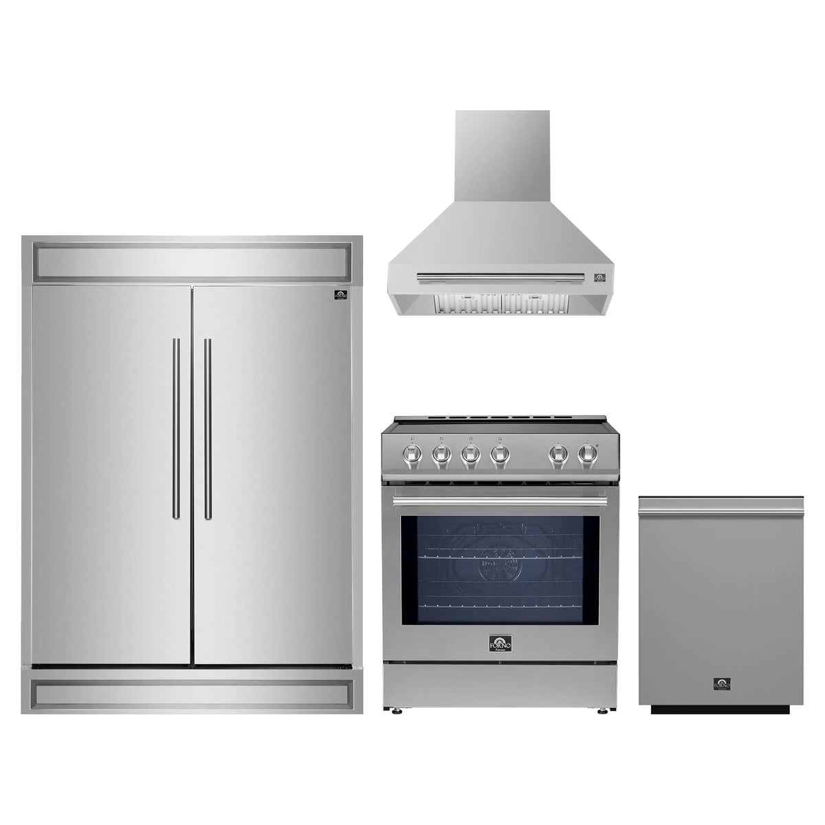 Forno 4-Piece Appliance Package - 30-Inch Espresso Induction Range, Wall Mount Range Hood, 60-Inch Built-In Convertible Refrigerator, and Dishwasher in Stainless Steel