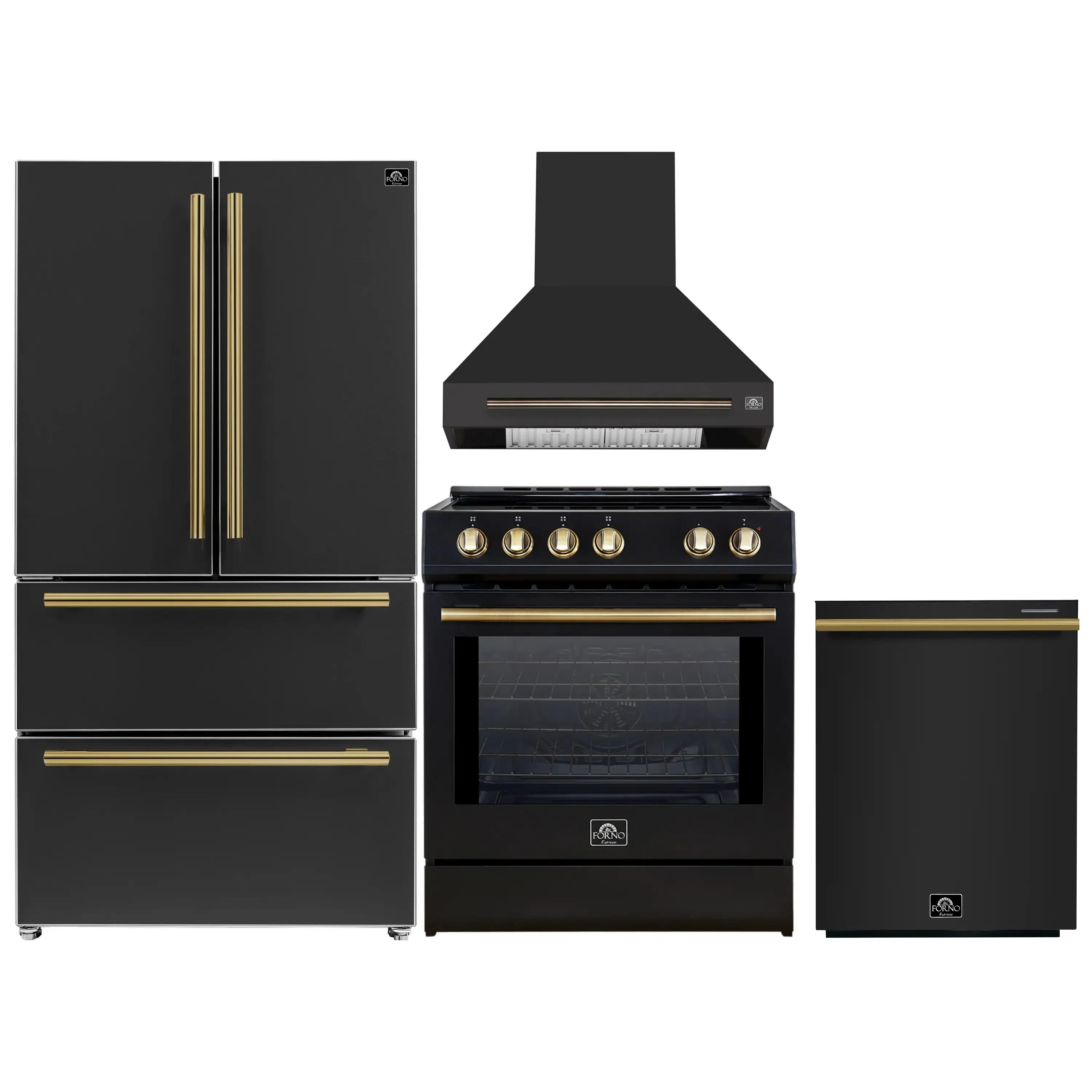 Black 4-piece appliance set with antique brass accents: refrigerator, oven, hood