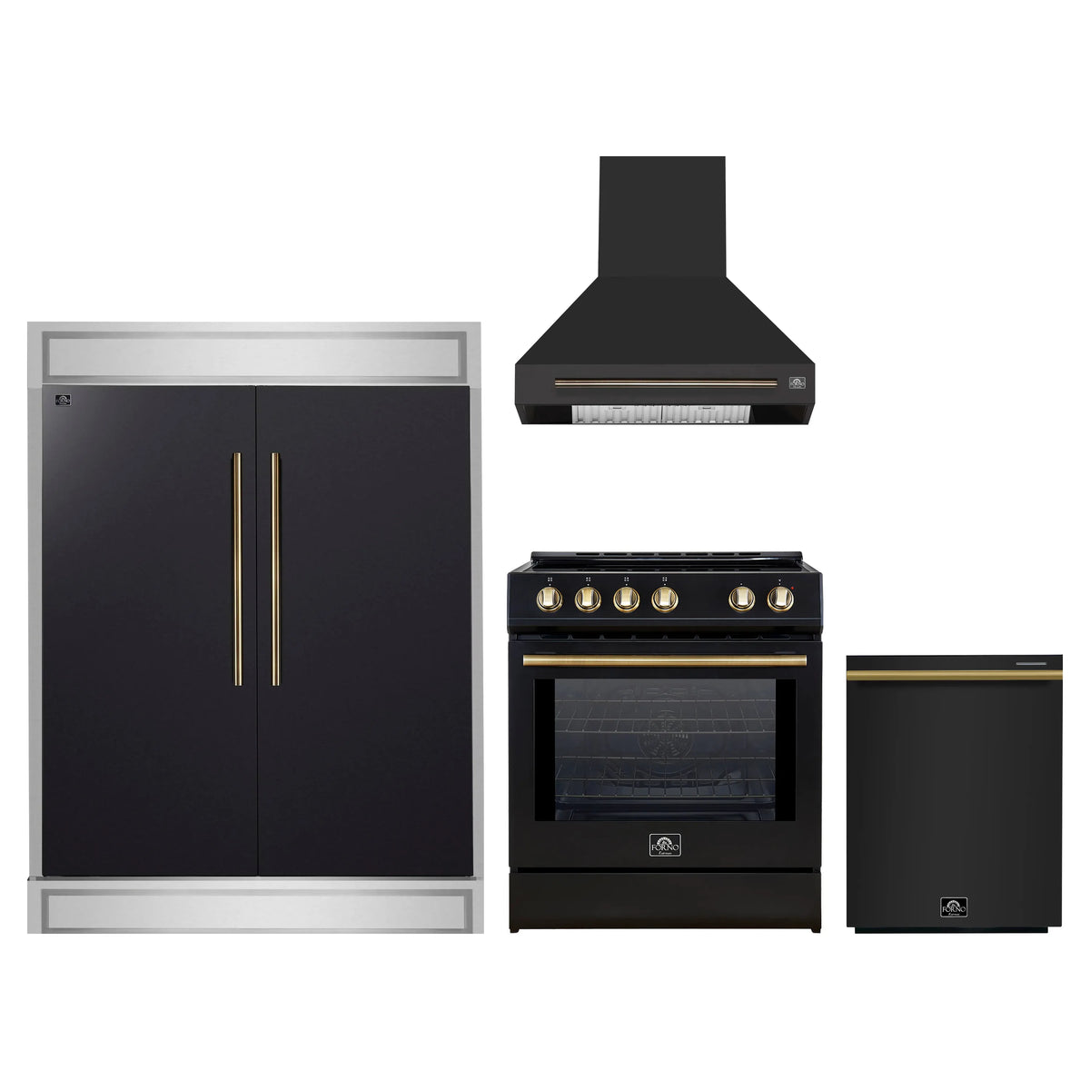 Forno 4-Piece Appliance Package - 30-Inch Espresso Induction Range, Wall Mount Range Hood, 60-Inch Built-In Convertible Refrigerator, and Dishwasher in Black with Antique Brass Trim