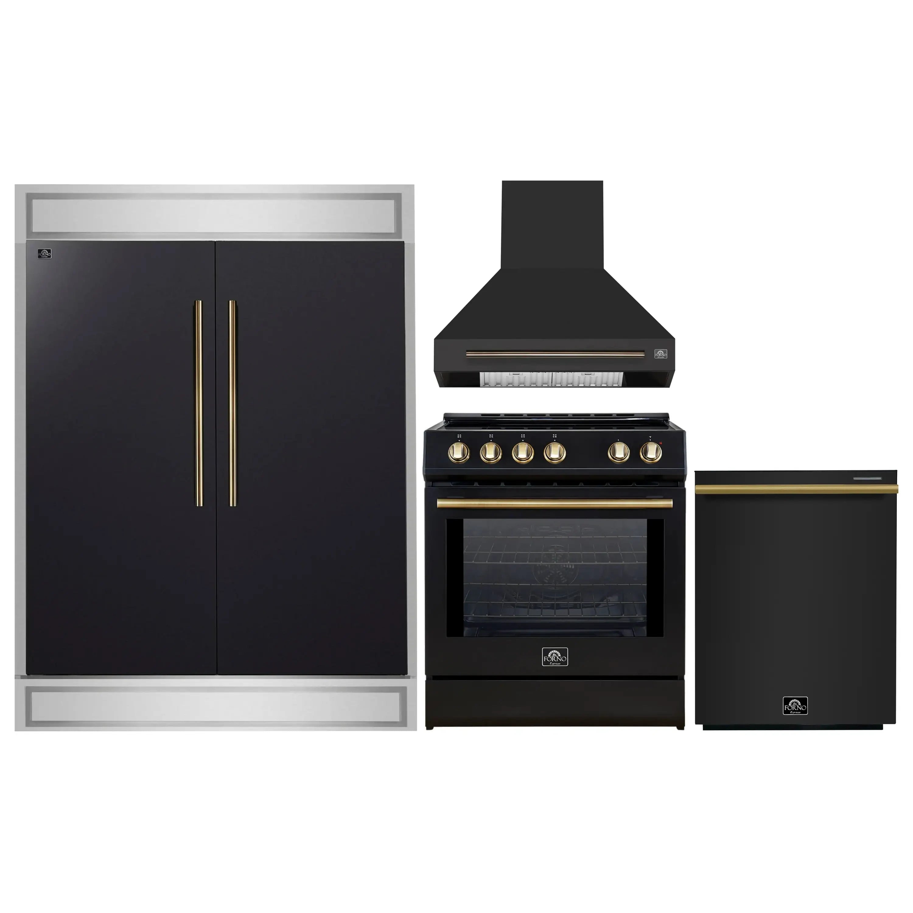 Black appliance package with refrigerator, range, range hood, and dishwasher with brass accents
