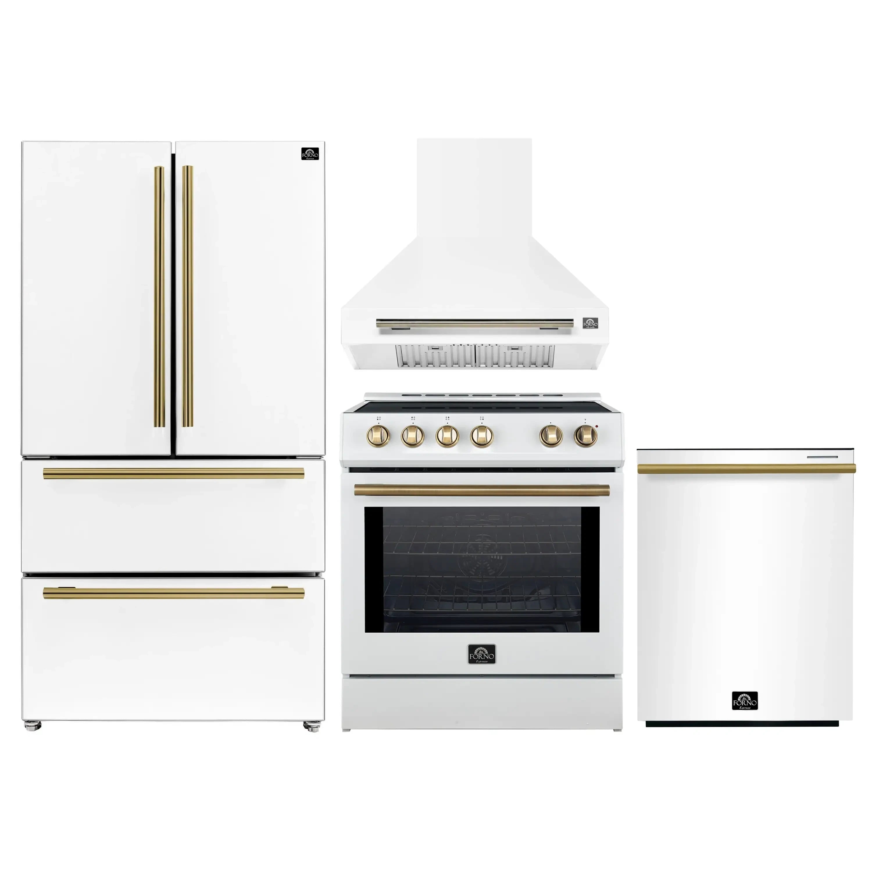White appliance set with French-door refrigerator, induction range, and wall hood