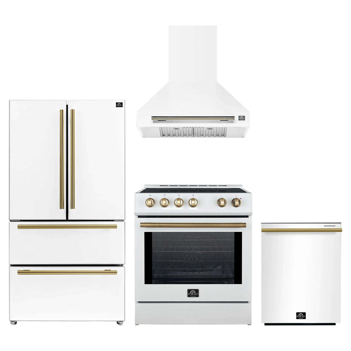 Forno 4-Piece Appliance Package - 30-Inch Espresso Induction Range, Wall Mount Range Hood, 36-Inch French Door Refrigerator, and Dishwasher in White with Antique Brass Trim