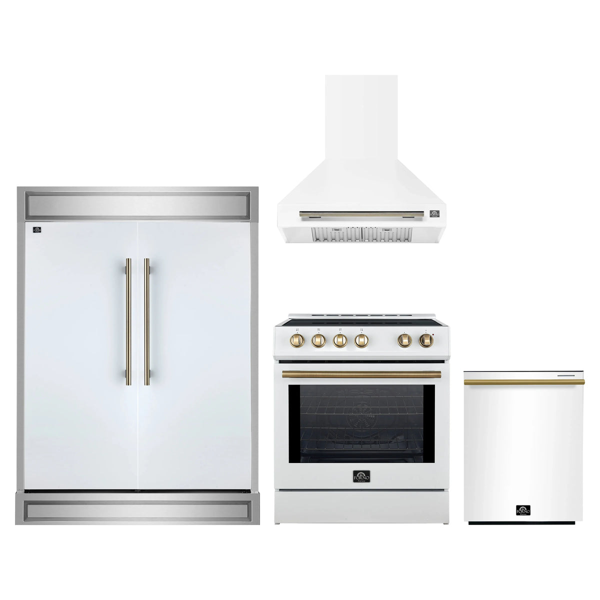 Forno 4-Piece Appliance Package - 30-Inch Espresso Induction Range, Wall Mount Range Hood, 60-Inch Built-In Convertible Refrigerator, and Dishwasher in White with Antique Brass Trim