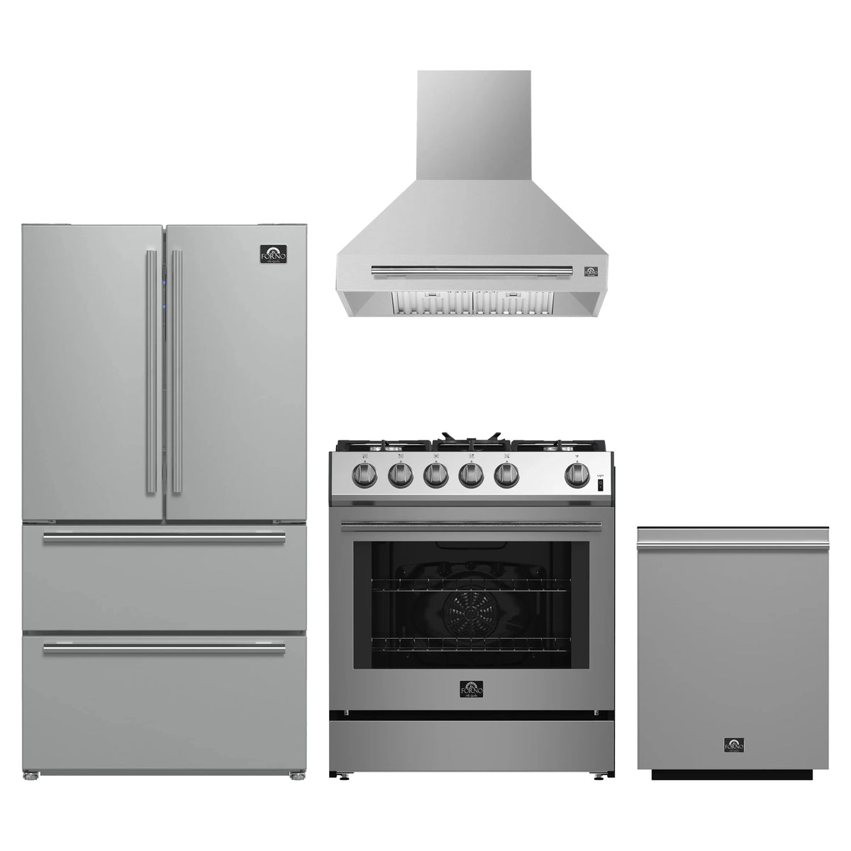 Forno 4-Piece Appliance Package - 30-Inch Espresso Gas Range, Wall Mount Range Hood, 36-Inch French Door Refrigerator, and Dishwasher in Stainless Steel