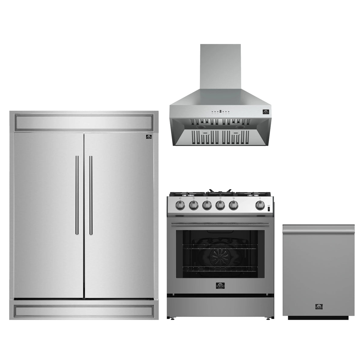 Forno 4-Piece Appliance Package - 30-Inch Espresso Gas Range, Wall Mount Range Hood, 60-Inch Built-In Convertible Refrigerator, and Dishwasher in Stainless Steel