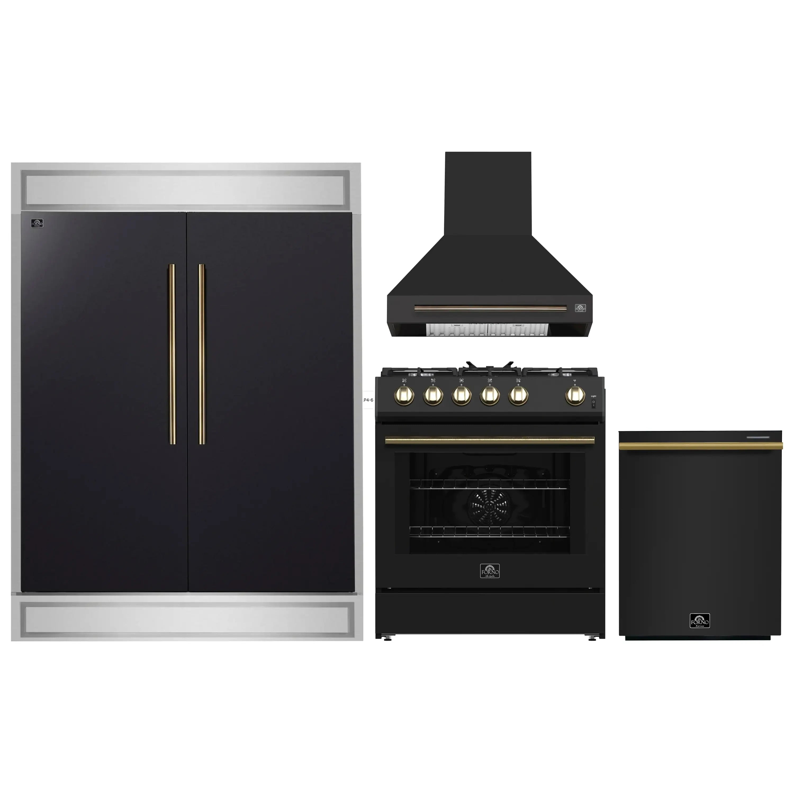 Black appliance set showing built-in refrigerator, gas range, dishwasher, and hood