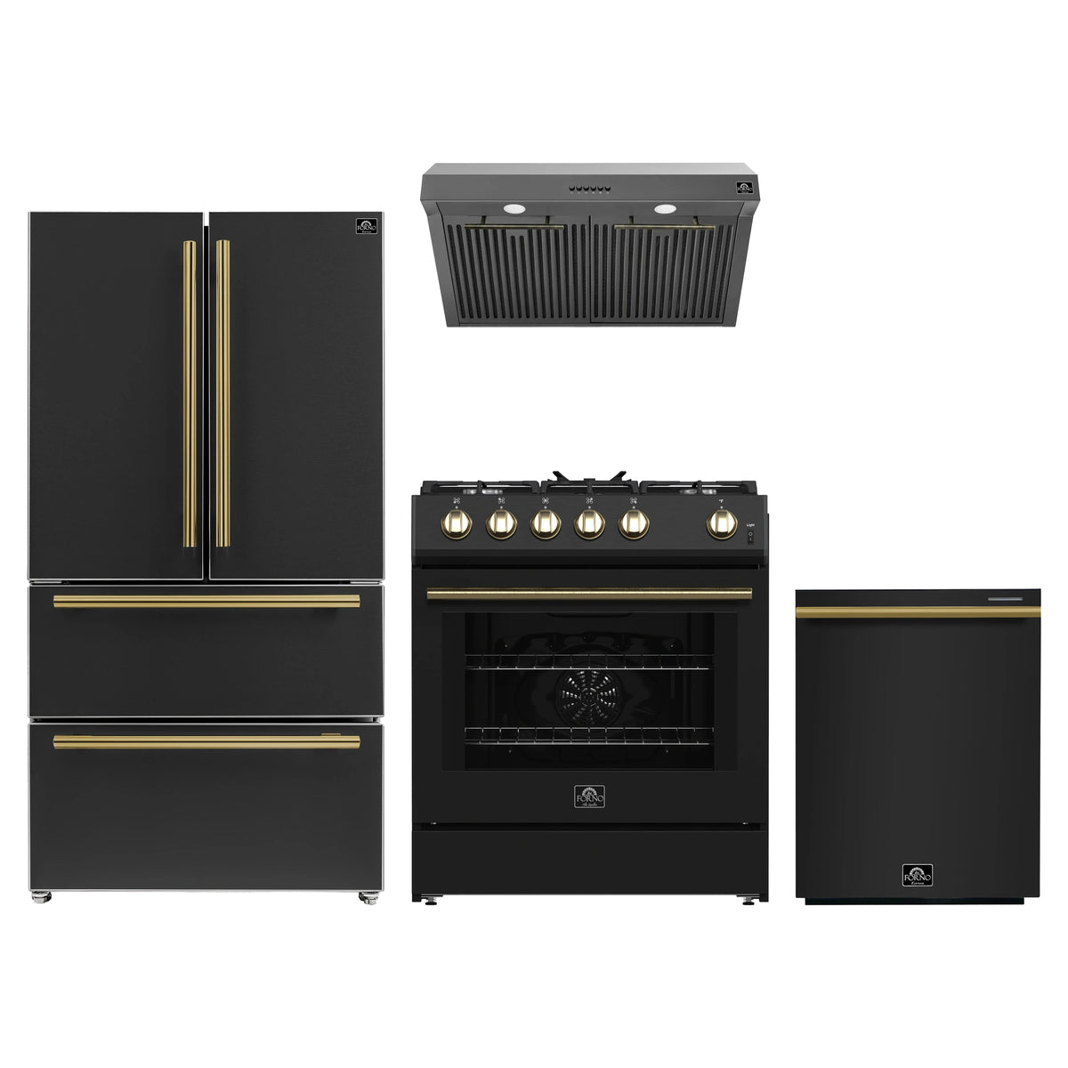 Forno 4-Piece Appliance Package - 30-Inch Gas Range, Under Cabinet Range Hood, Refrigerator, and Dishwasher in Black with Antique Brass Trim
