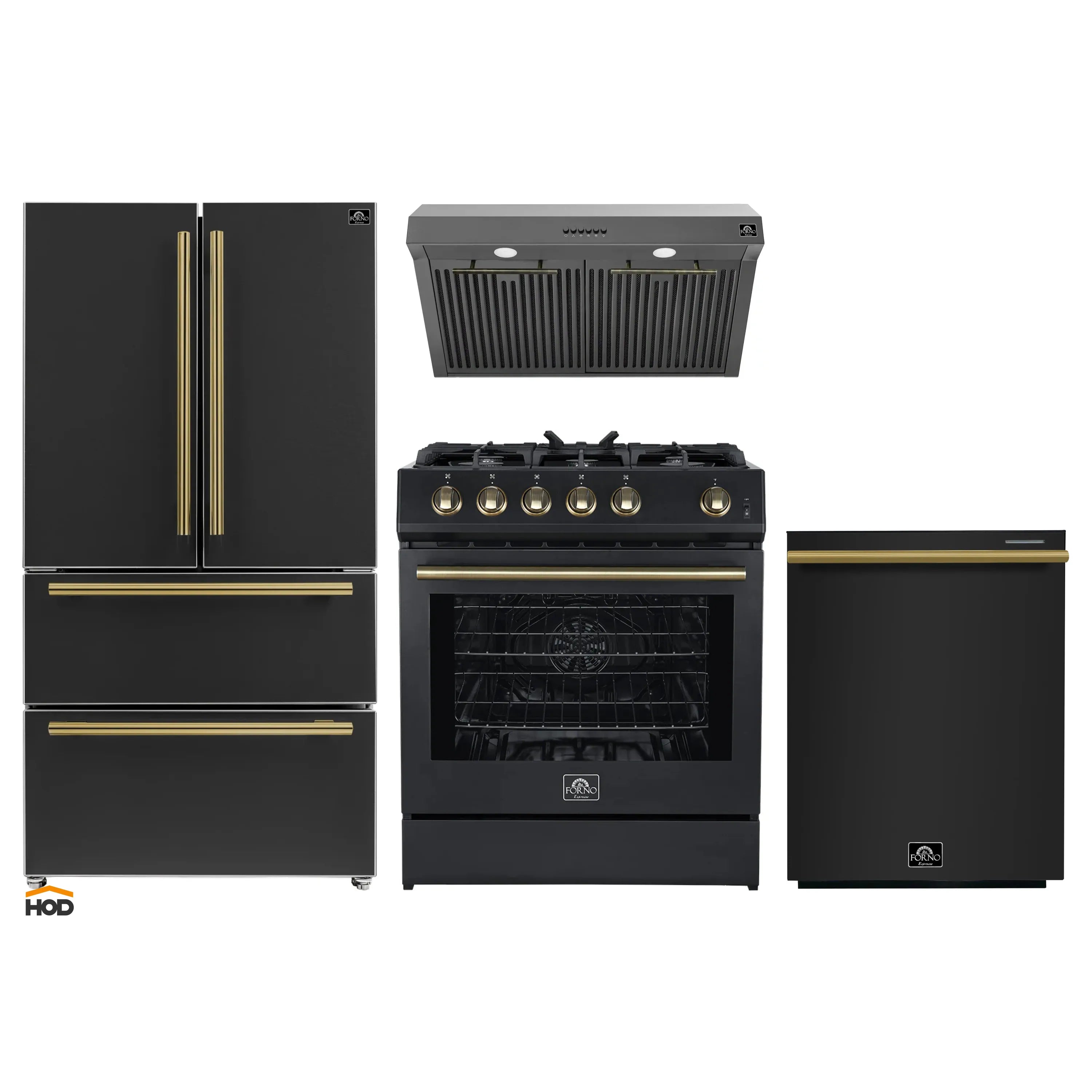 Black appliance package with antique brass trim: refrigerator, dishwasher, gas range, and range hood.