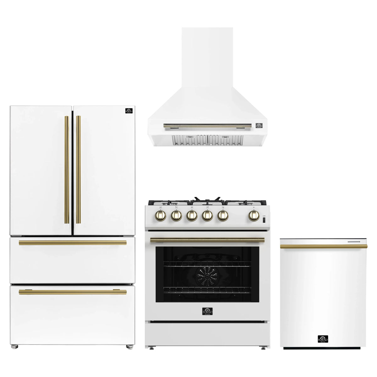 Forno 4-Piece Appliance Package - 30-Inch Espresso Gas Range, Wall Mount Range Hood, 36-Inch French Door Refrigerator, and Dishwasher in White with Antique Brass Trim