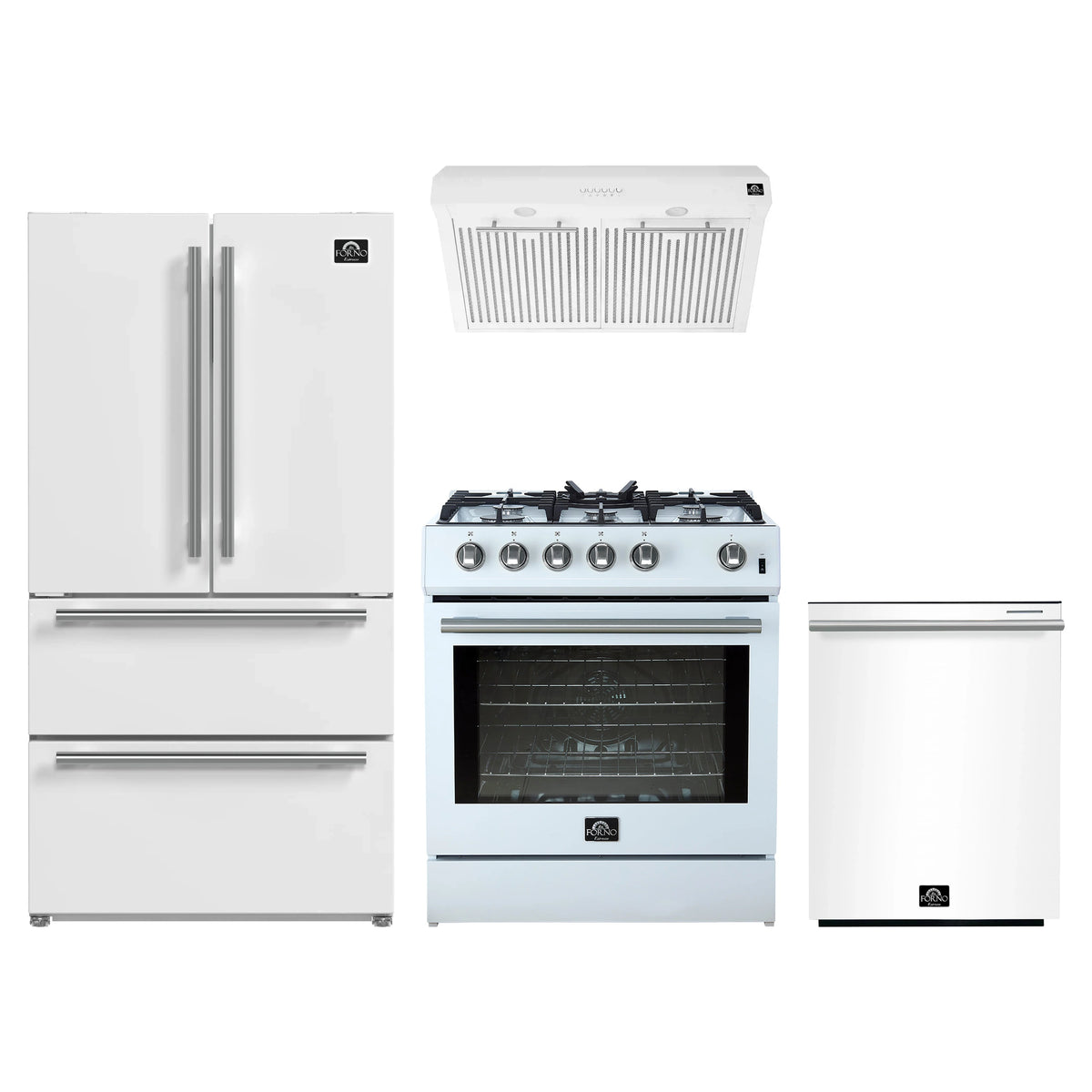 Forno 4-Piece Appliance Package - 30-Inch Gas Range, Under Cabinet Range Hood, Refrigerator, and Dishwasher in White with Stainless Steel Trim