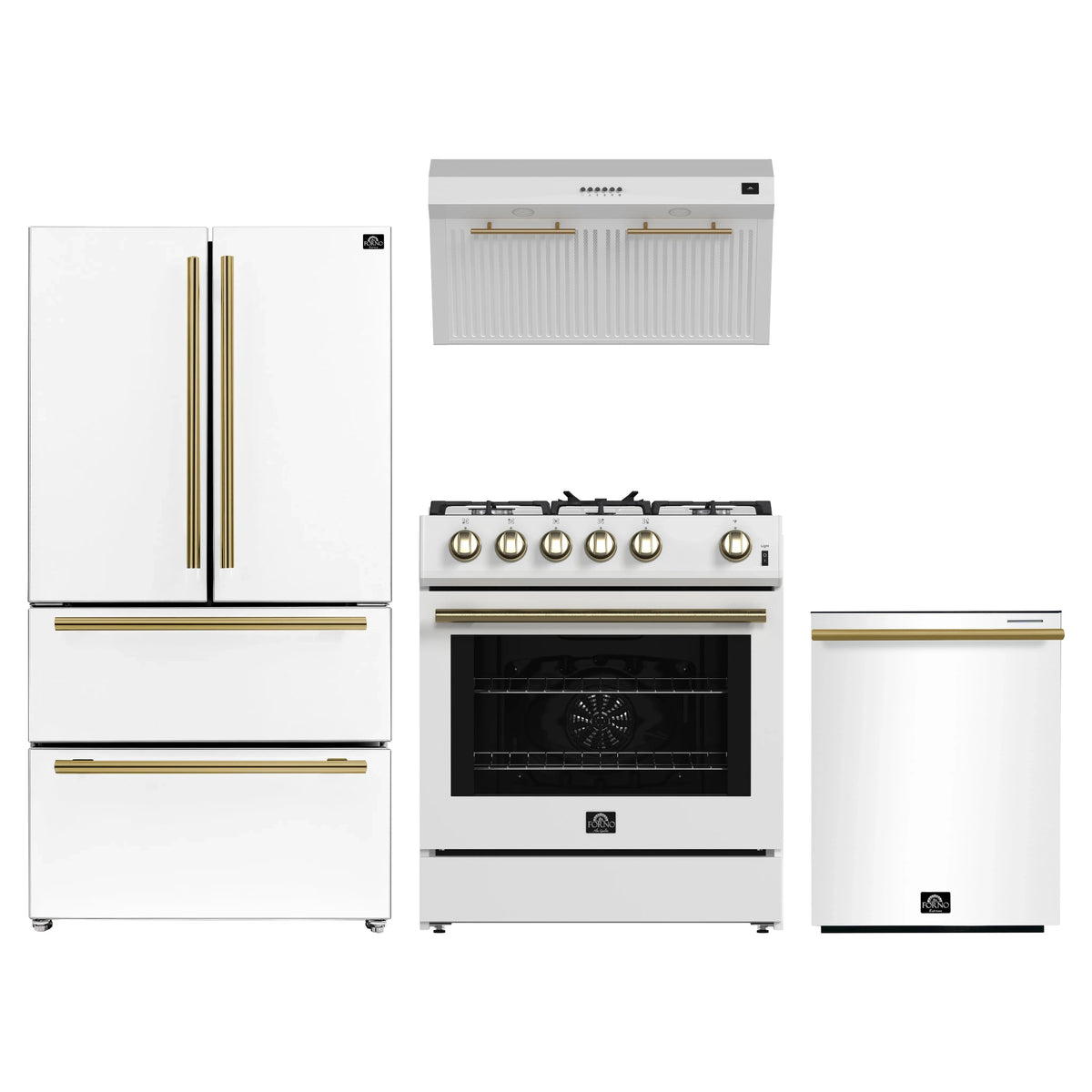Forno 4-Piece Appliance Package - 30-Inch Gas Range, Under Cabinet Range Hood, Refrigerator, and Dishwasher in White with Antique Brass Trim