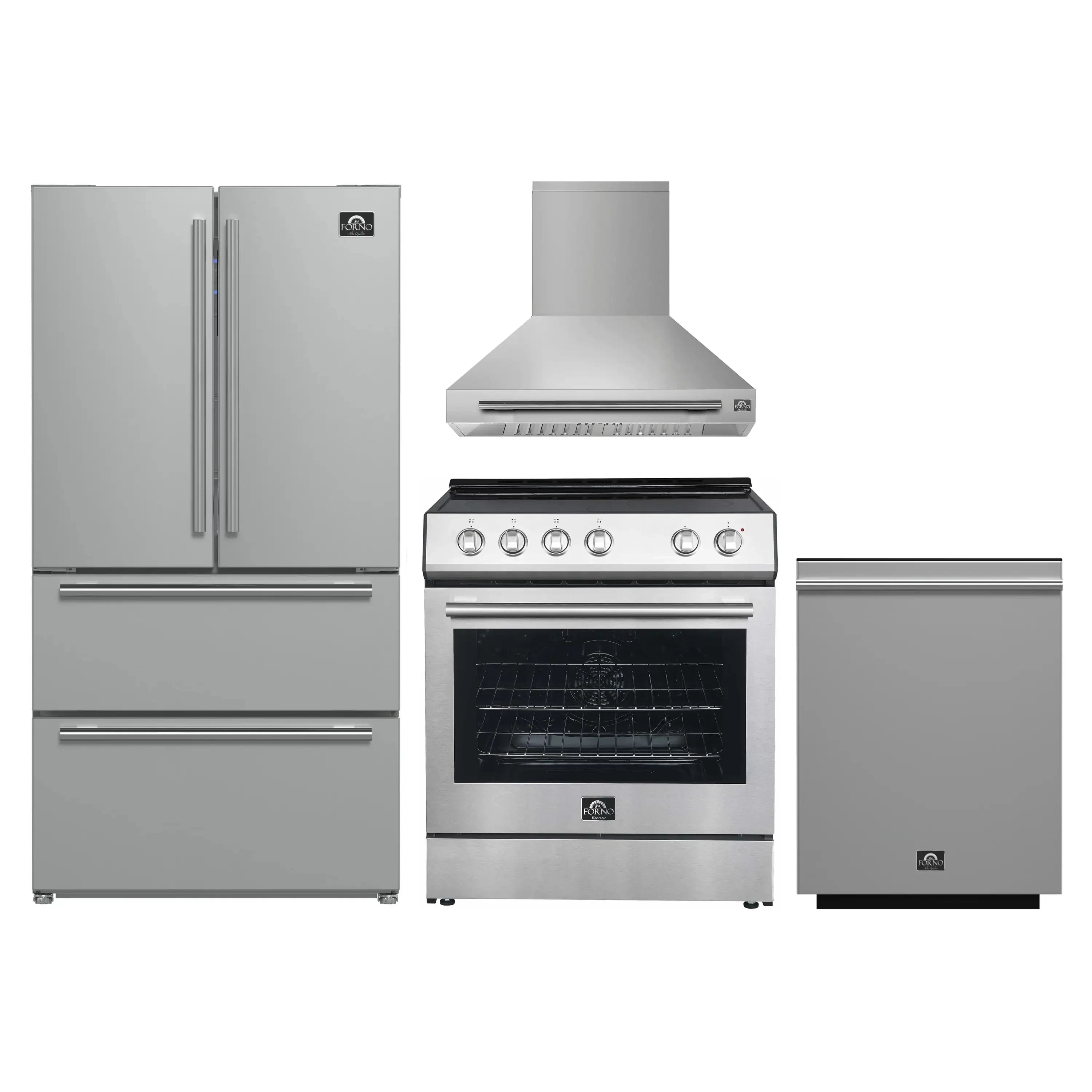 Stainless steel appliance set with refrigerator, electric range, range hood, and dishwasher