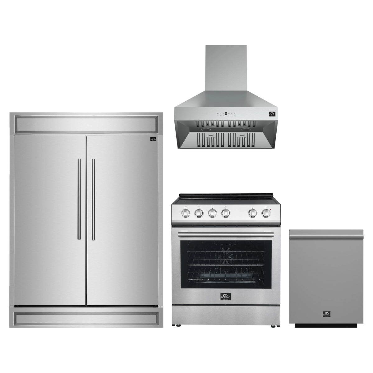 Forno 4-Piece Appliance Package - 30-Inch Espresso Electric Range, Wall Mount Range Hood, 60-Inch Built-In Convertible Refrigerator, and Dishwasher in Stainless Steel