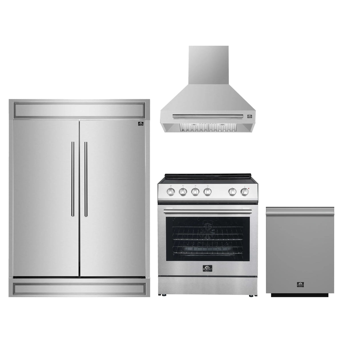 Forno 4-Piece Appliance Package - 30-Inch Espresso Electric Range, Wall Mount Range Hood, 60-Inch Built-In Convertible Refrigerator, and Dishwasher in Stainless Steel