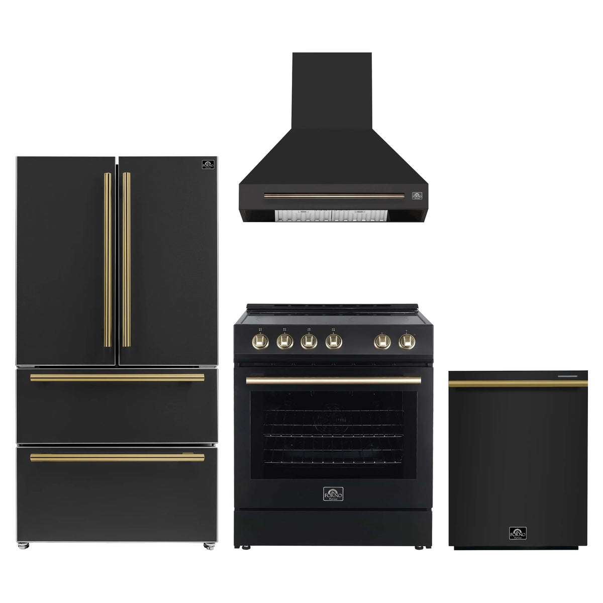 Forno 4-Piece Appliance Package - 30-Inch Espresso Electric Range, Wall Mount Range Hood, 36-Inch French Door Refrigerator, and Dishwasher in Black with Antique Brass Trim
