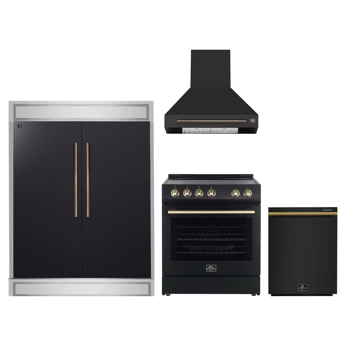 Forno 4-Piece Appliance Package - 30-Inch Espresso Electric Range, Wall Mount Range Hood, 60-Inch Built-In Convertible Refrigerator, and Dishwasher in Black with Antique Brass Trim