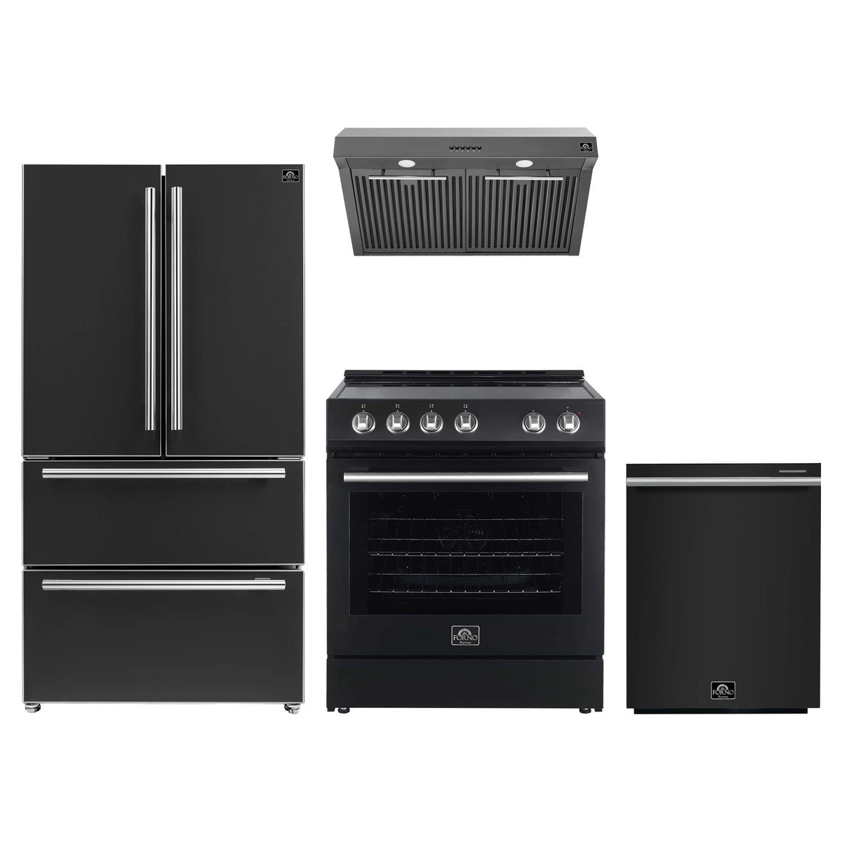 Forno Espresso 4-Piece Appliance Package - 30-Inch Electric Range, Under Cabinet Range Hood, Refrigerator and Dishwasher in Black with Stainless Steel Trim