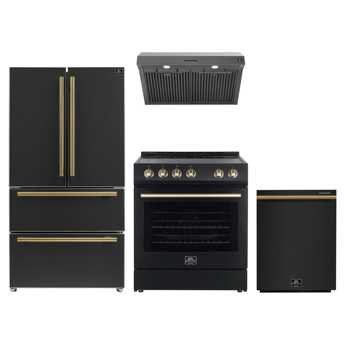 Forno Espresso 4-Piece Appliance Package - 30-Inch Electric Range, Under Cabinet Range Hood, Refrigerator and Dishwasher in Black with Antique Brass Trim