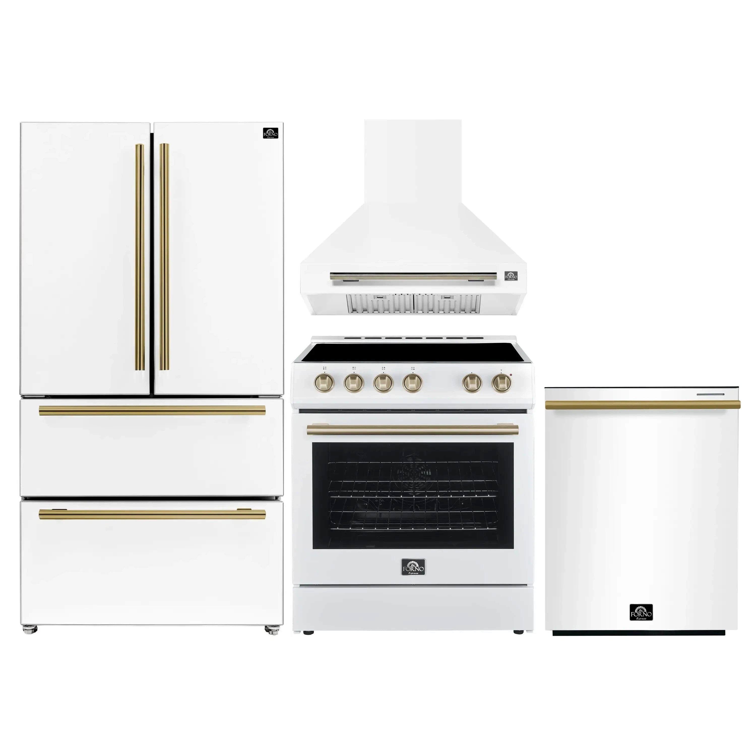 White kitchen appliance set with french-door refrigerator, electric range, and wall hood