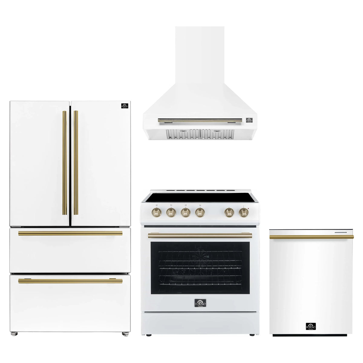 Forno 4-Piece Appliance Package - 30-Inch Espresso Electric Range, Wall Mount Range Hood, 36-Inch French Door Refrigerator, and Dishwasher in White with Antique Brass Trim