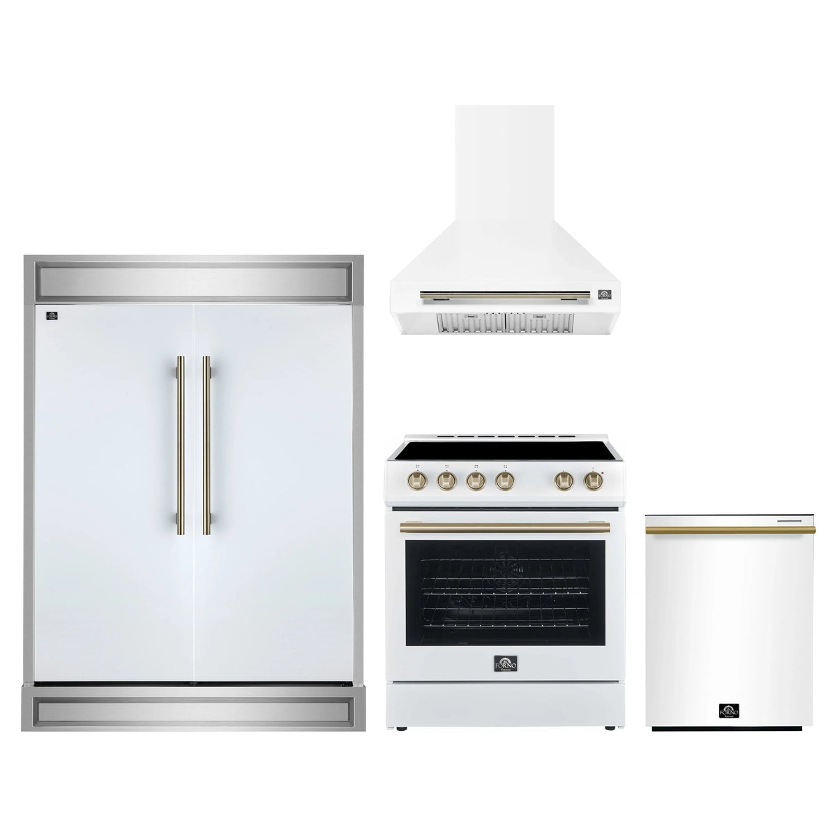 Forno 4-Piece Appliance Package - 30-Inch Espresso Electric Range, Wall Mount Range Hood, 60-Inch Built-In Convertible Refrigerator, and Dishwasher in White with Antique Brass Trim
