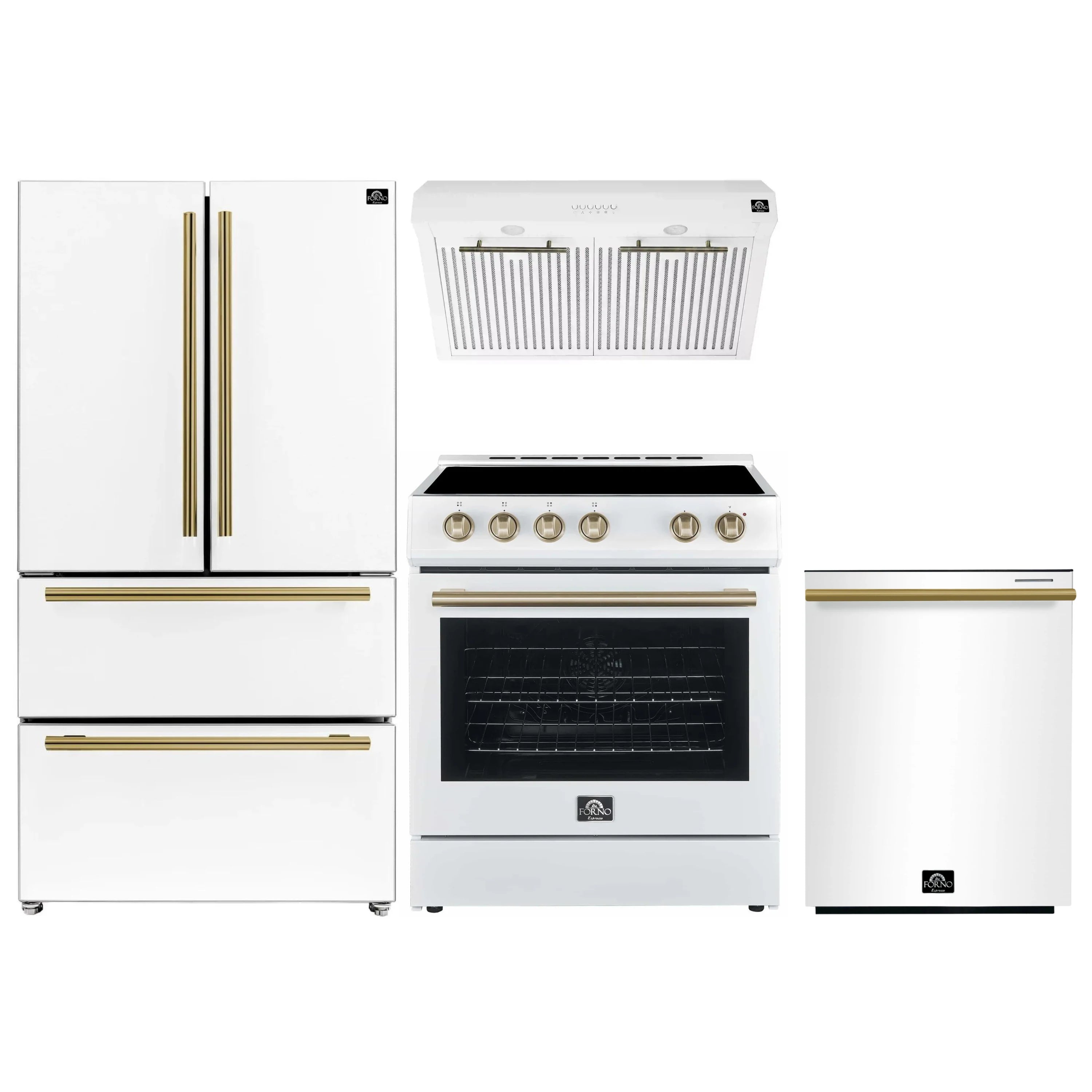 White refrigerator, electric range, and dishwasher set with antique brass trim