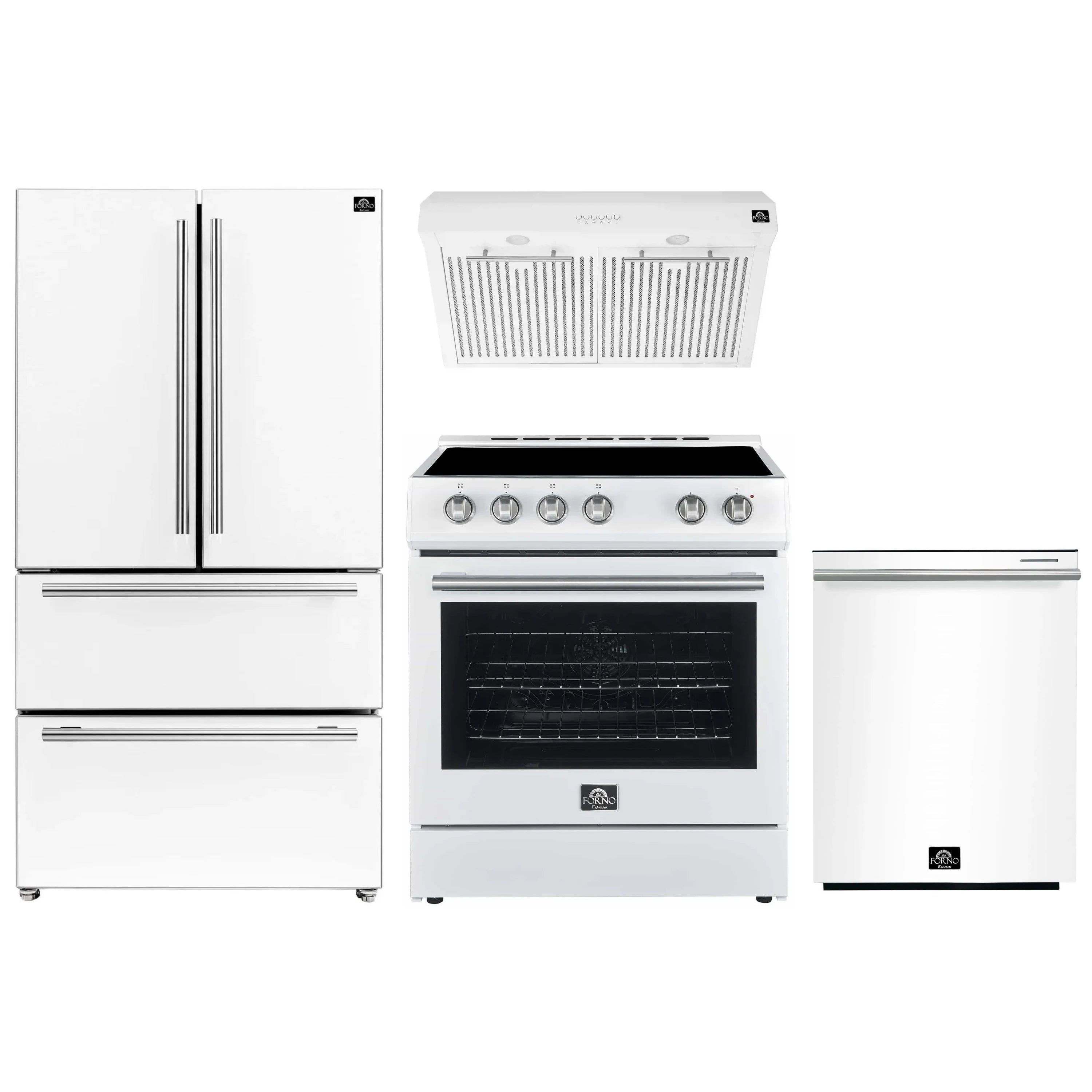 White kitchen appliance set featuring electric range and stainless steel refrigerator