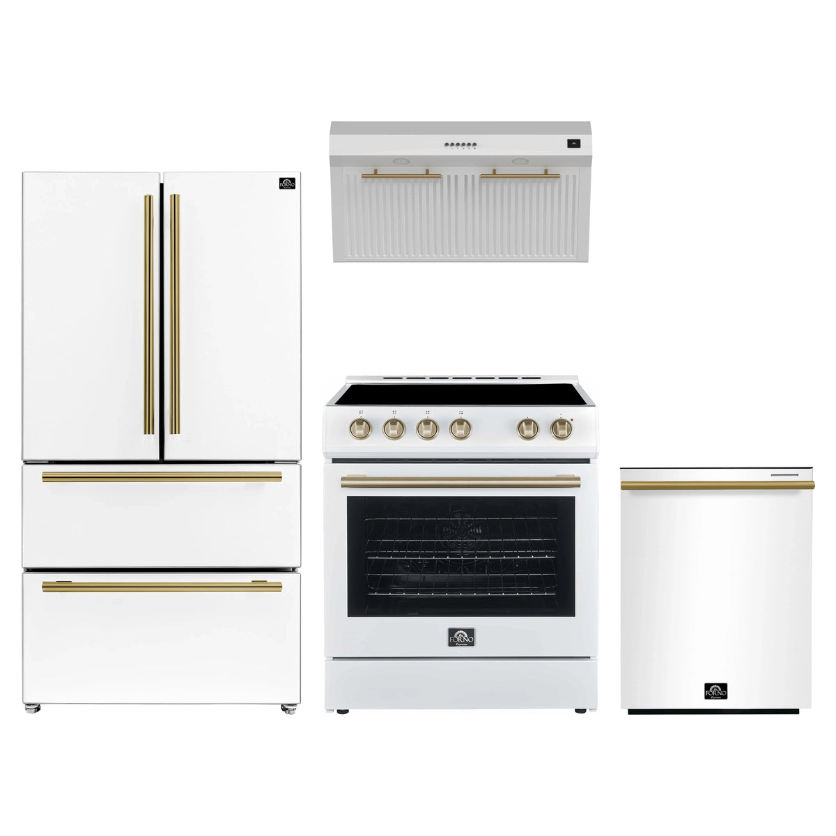 Forno Espresso 4-Piece Appliance Package - 30-Inch Electric Range, Under Cabinet Range Hood, Refrigerator and Dishwasher in White with Antique Brass Trim