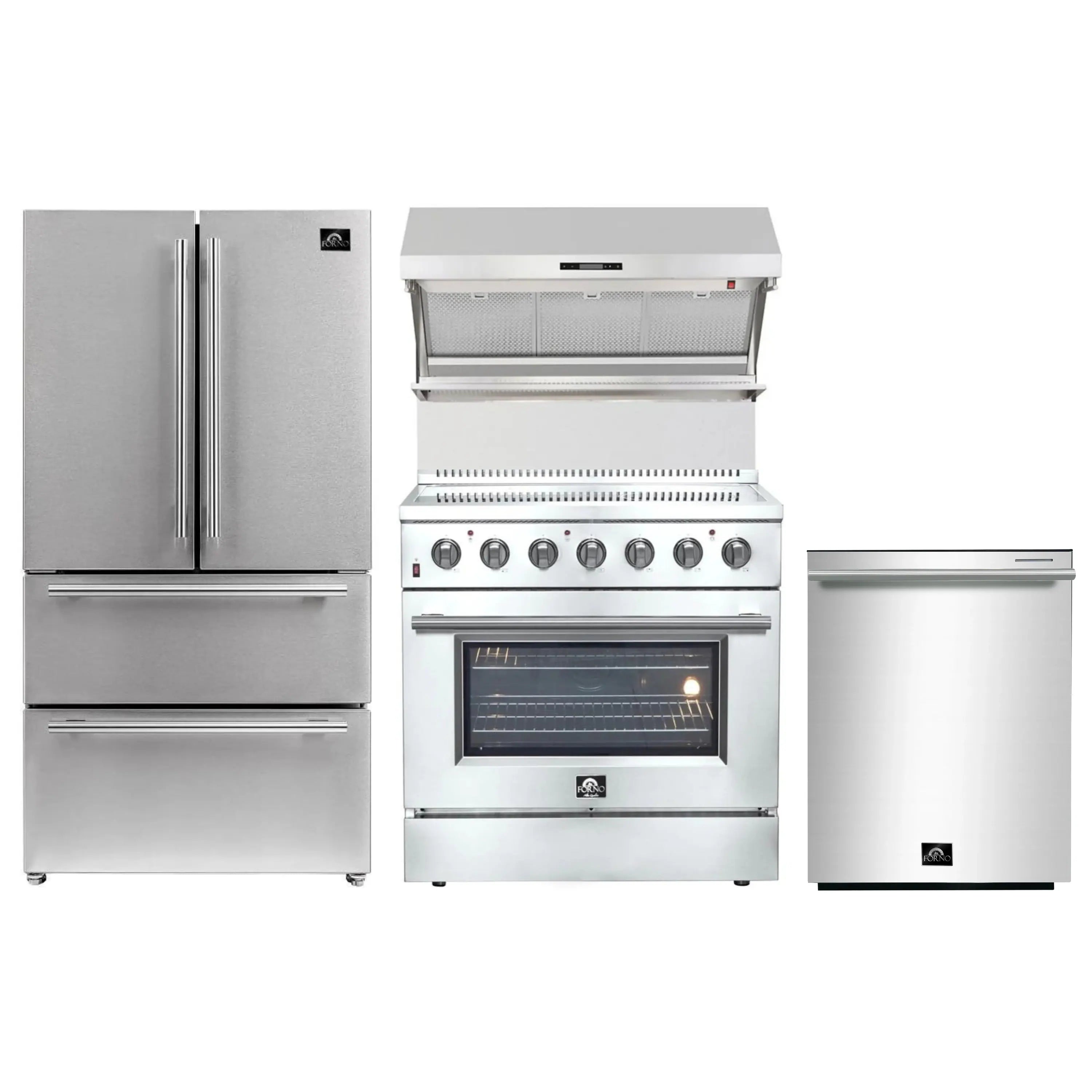 Stainless steel kitchen appliance set with refrigerator, electric range, and dishwasher