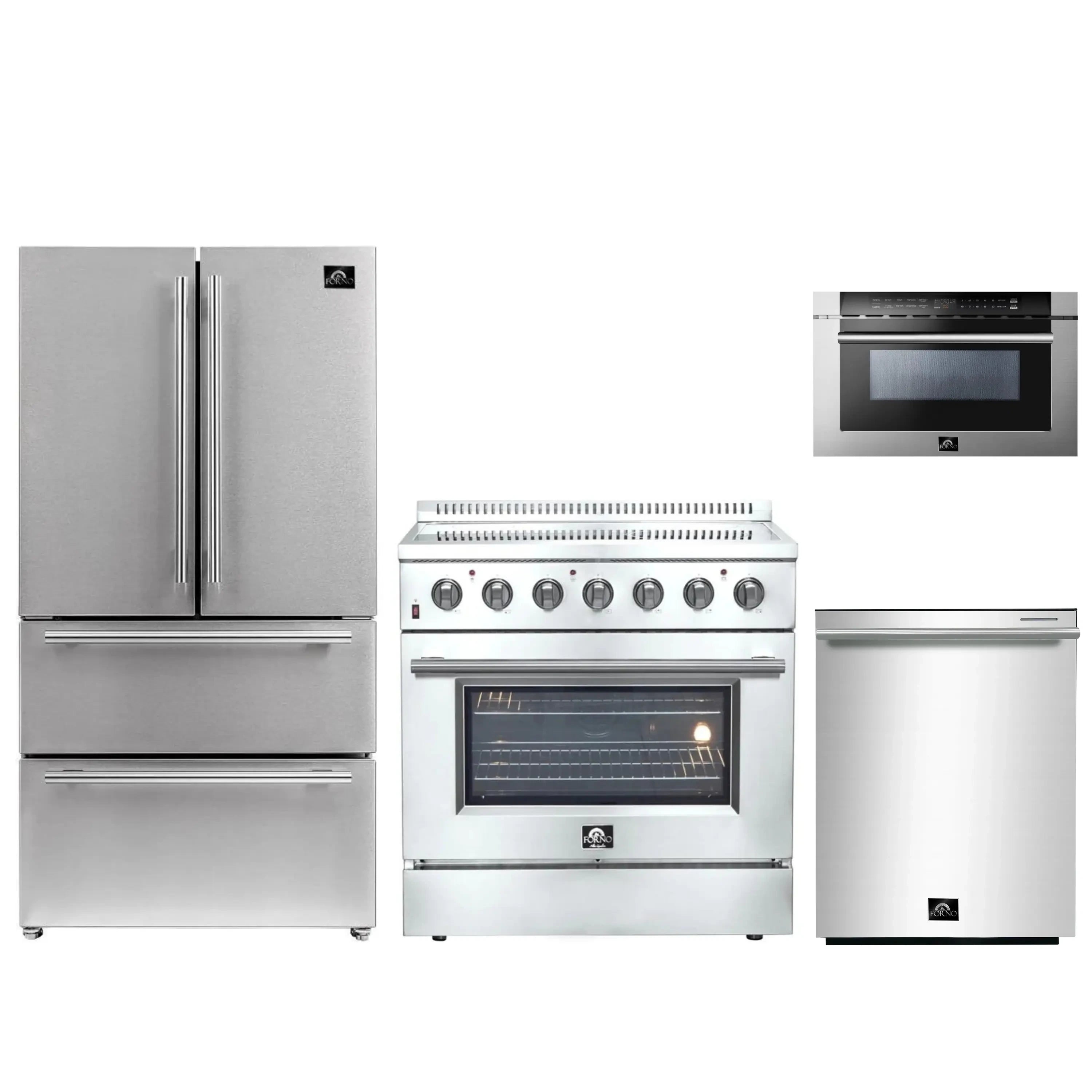 Stainless steel French door refrigerator, electric range, and dishwasher set