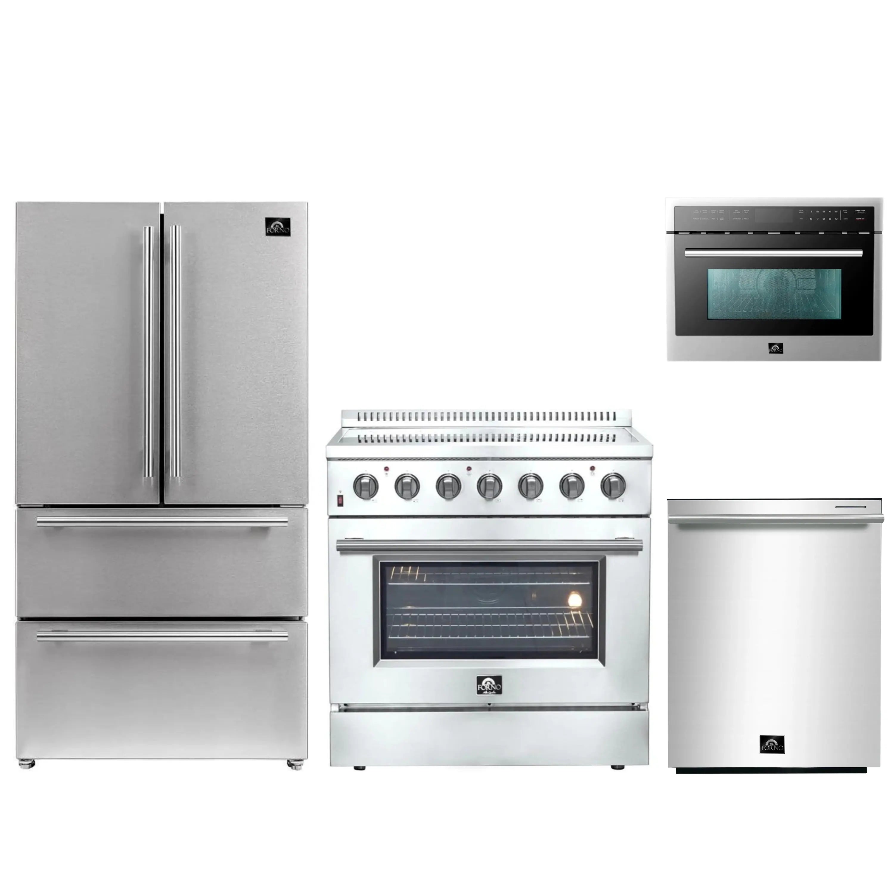 Stainless steel refrigerator, electric range, and dishwasher set with doors and control panels