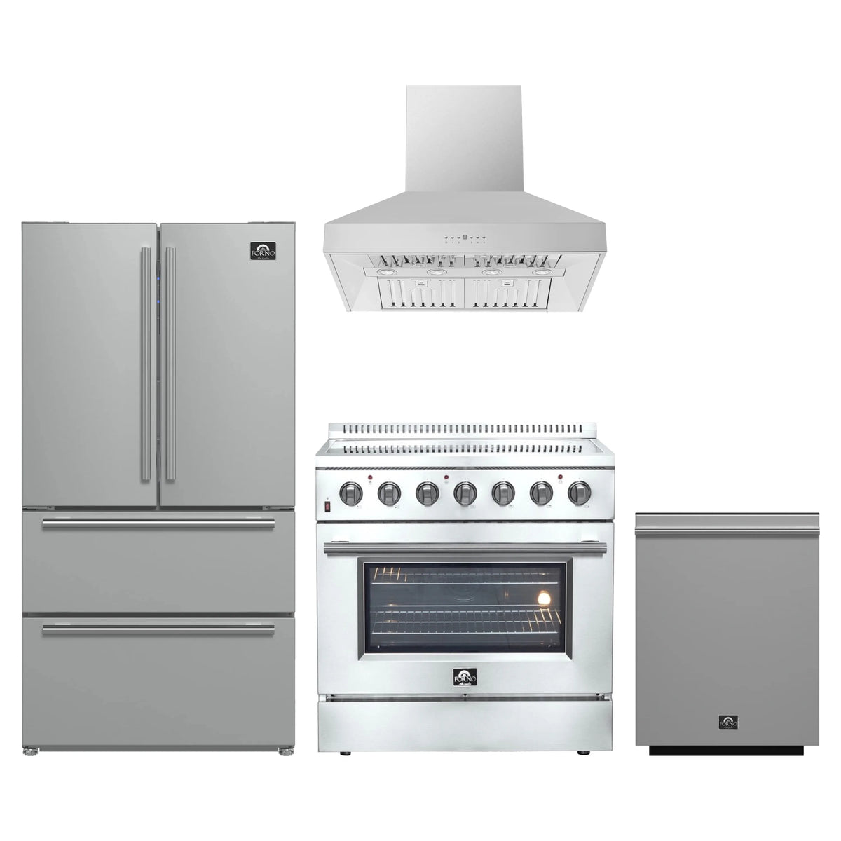 Forno 4-Piece Appliance Package - 36-Inch Electric Range, Wall Mount Range Hood, French Door Refrigerator, and Dishwasher in Stainless Steel