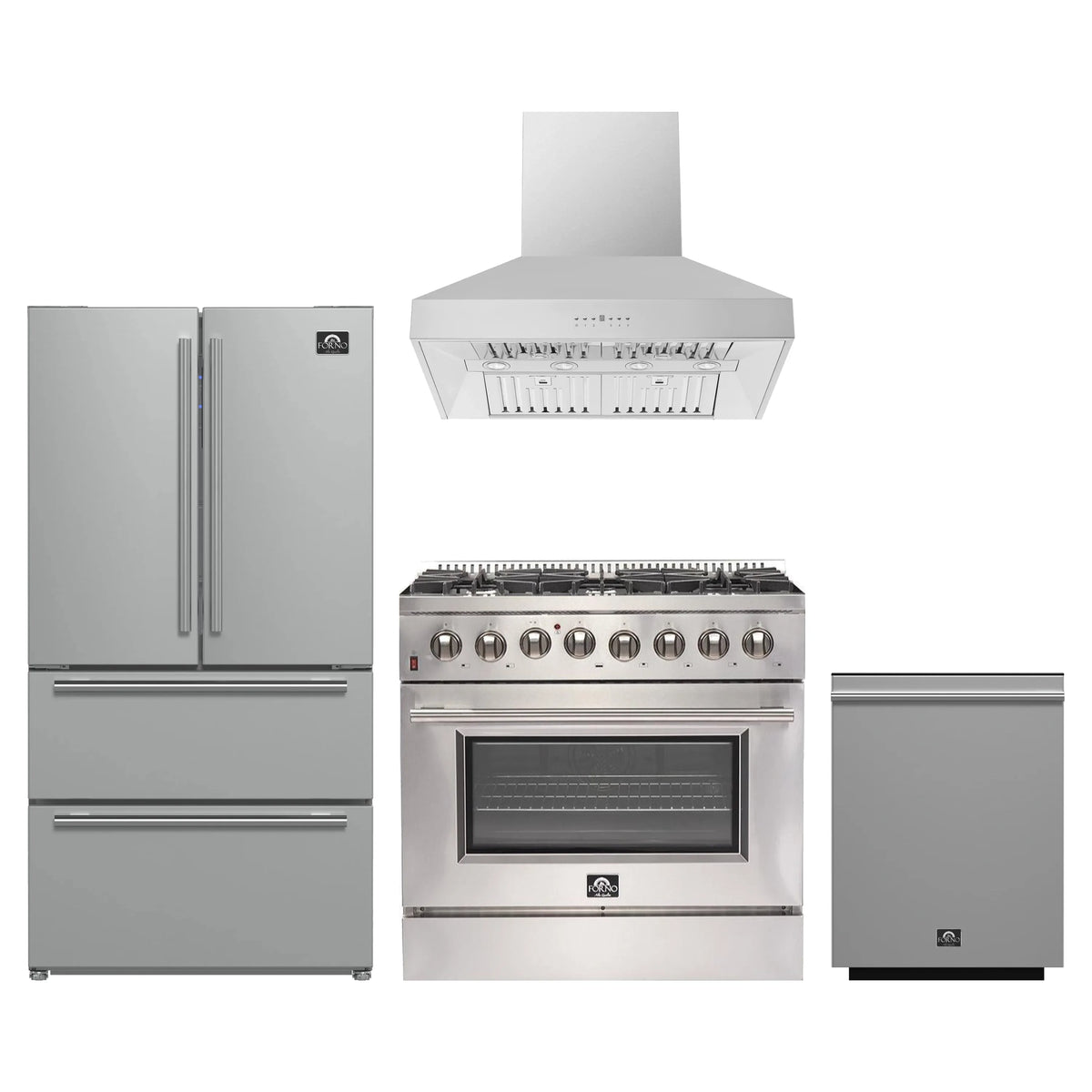 Forno 4-Piece Appliance Package - 36-Inch Dual Fuel Range, Refrigerator, Wall Mount Hood, & 3-Rack Dishwasher in Stainless Steel