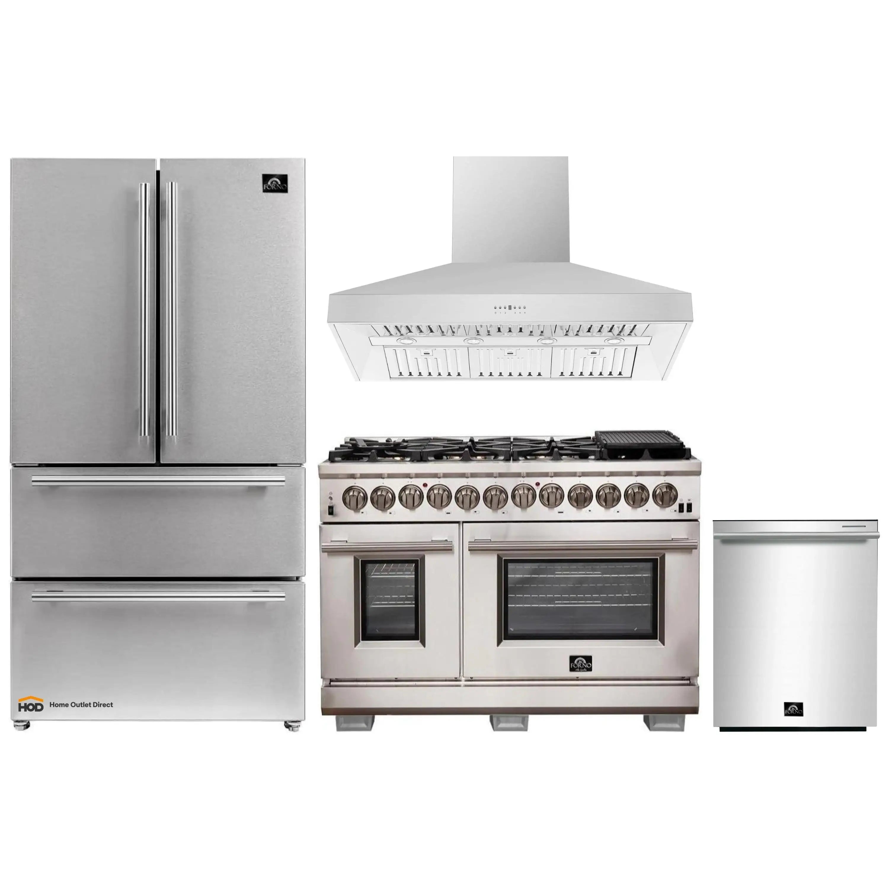 Stainless steel kitchen appliance set with range, range hood, refrigerator, and dishwasher