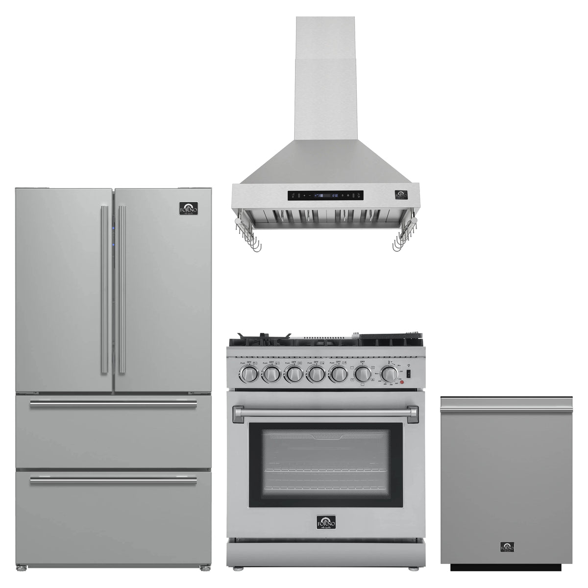Forno 4-Piece Appliance Package - 30-Inch Dual Fuel Range with Air Fryer, Refrigerator, Wall Mount Hood, & 3-Rack Dishwasher in Stainless Steel