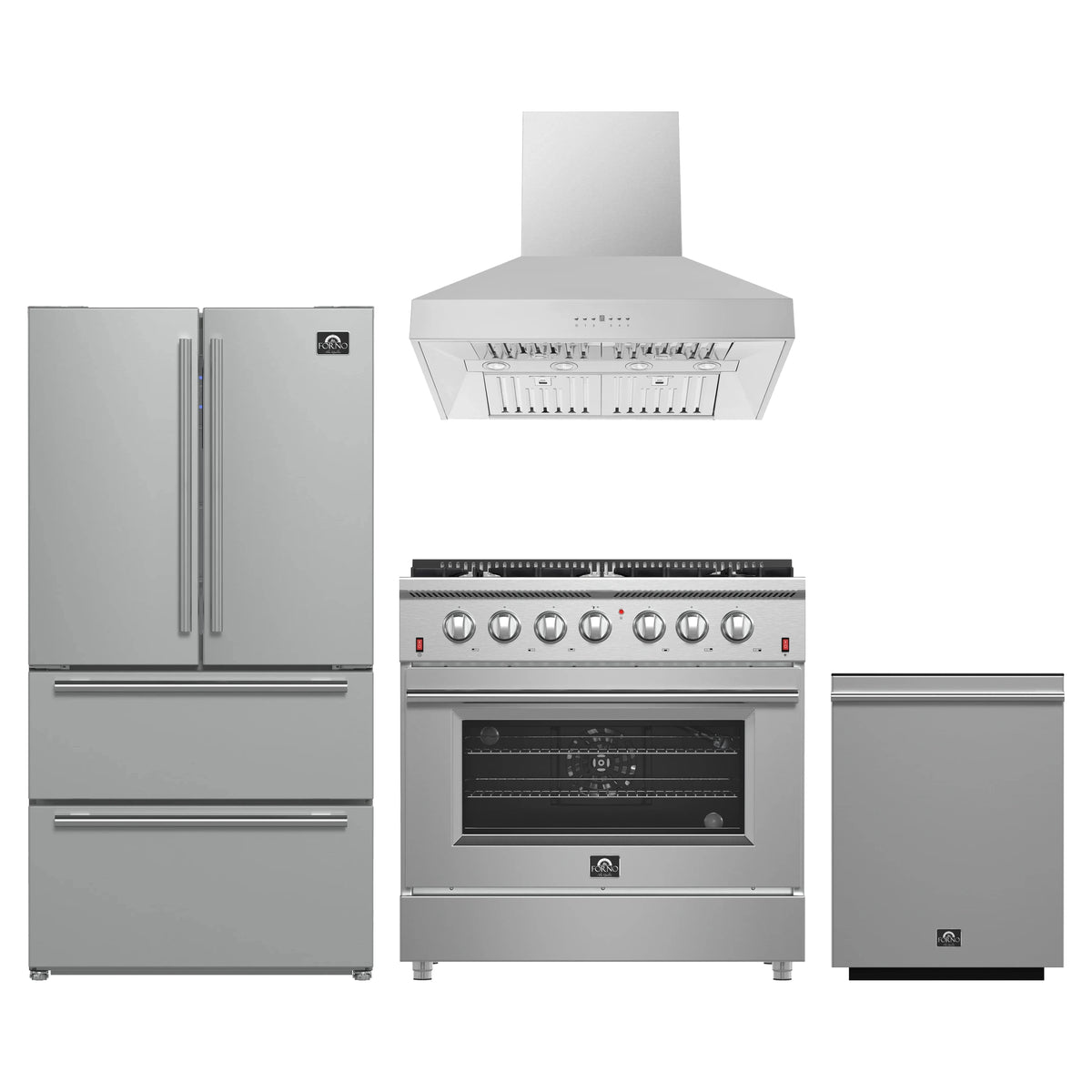 Forno 4-Piece Appliance Package - 36-Inch Gas Range, Refrigerator, Wall Mount Hood, & 3-Rack Dishwasher in Stainless Steel