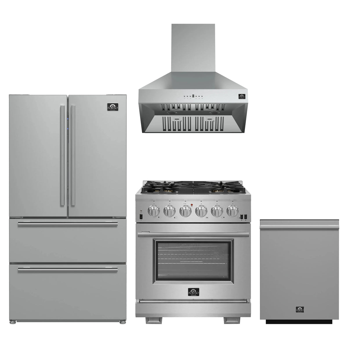 Forno 4-Piece Pro Appliance Package - 30-Inch Gas Range, 36-Inch Refrigerator, Wall Mount Hood, & 3-Rack Dishwasher in Stainless Steel