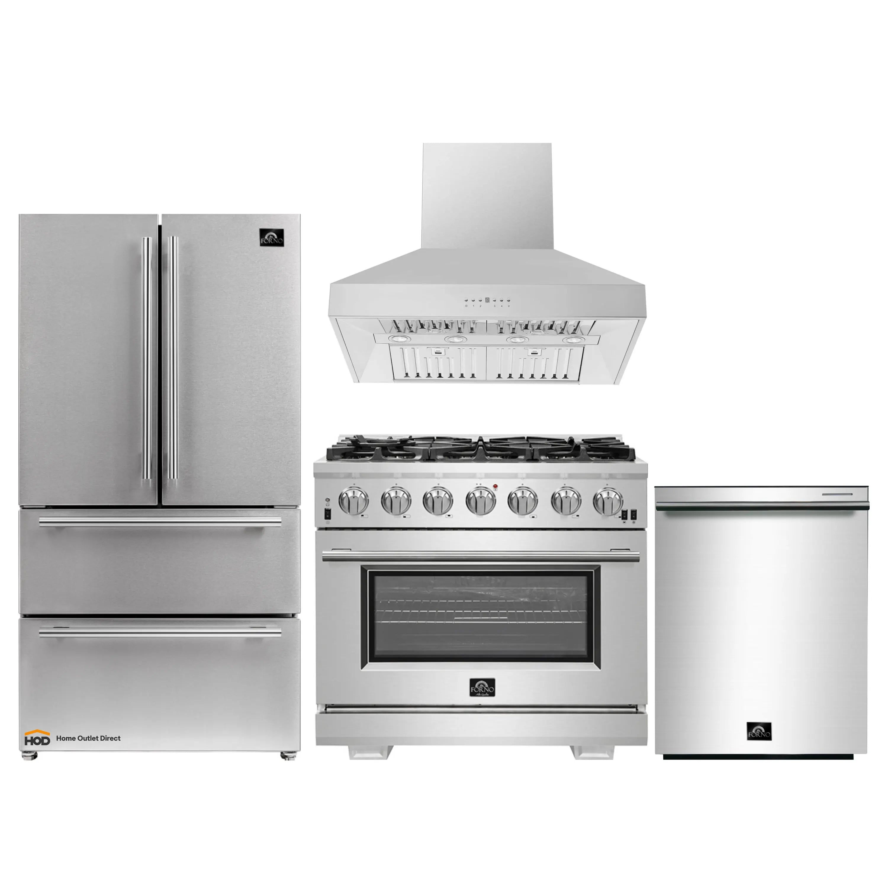 Stainless steel appliance set with gas range, wall hood, refrigerator, and dishwasher