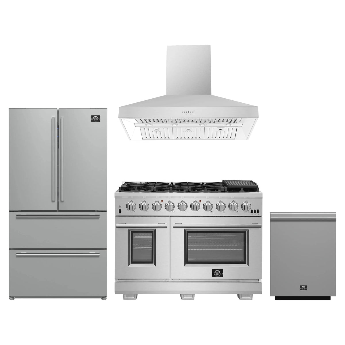 Forno 4-Piece Pro Appliance Package - 48-Inch Gas Range, Refrigerator, Wall Mount Hood, & 3-Rack Dishwasher in Stainless Steel