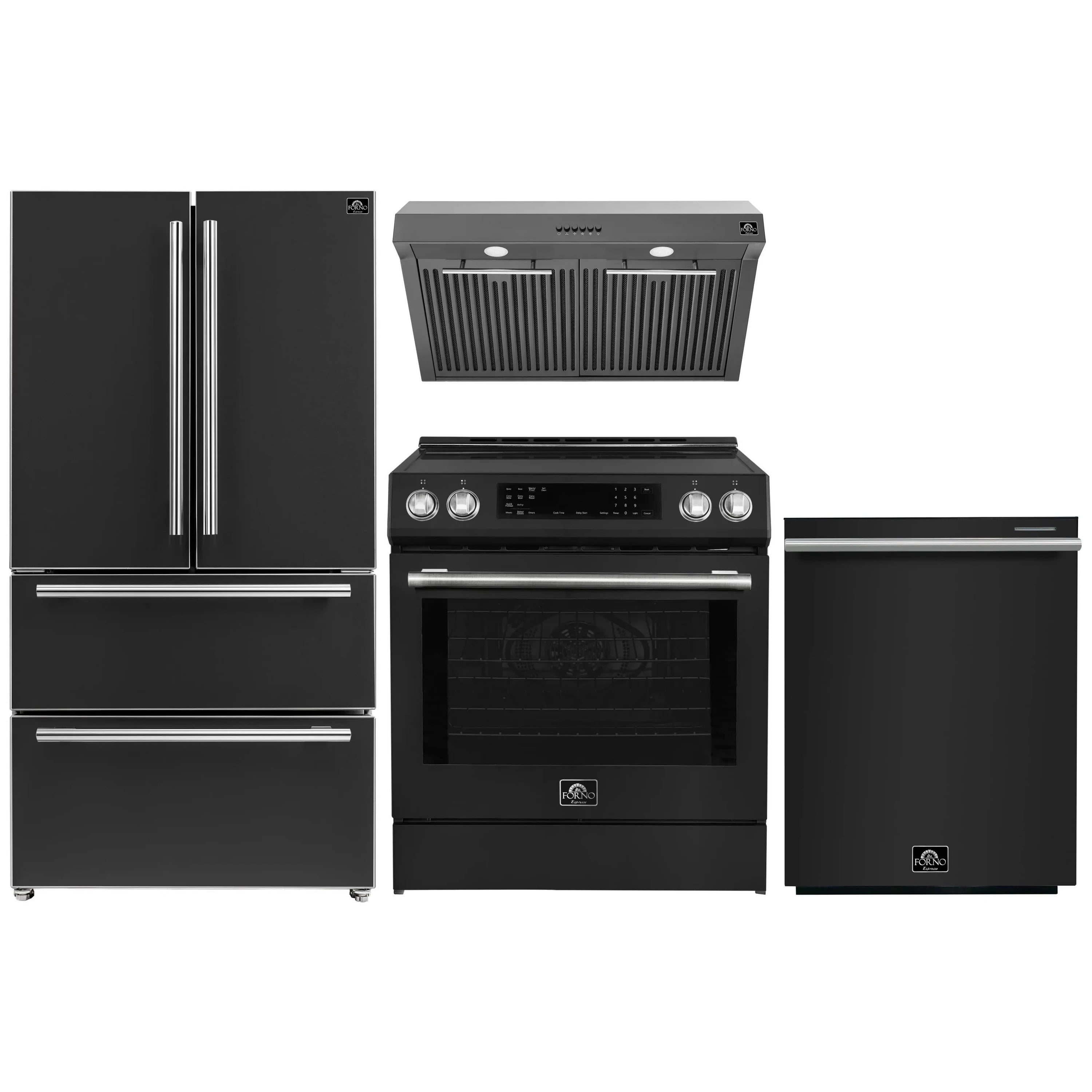Black 4-piece appliance package with stainless trim: range, hood, fridge, dishwasher.