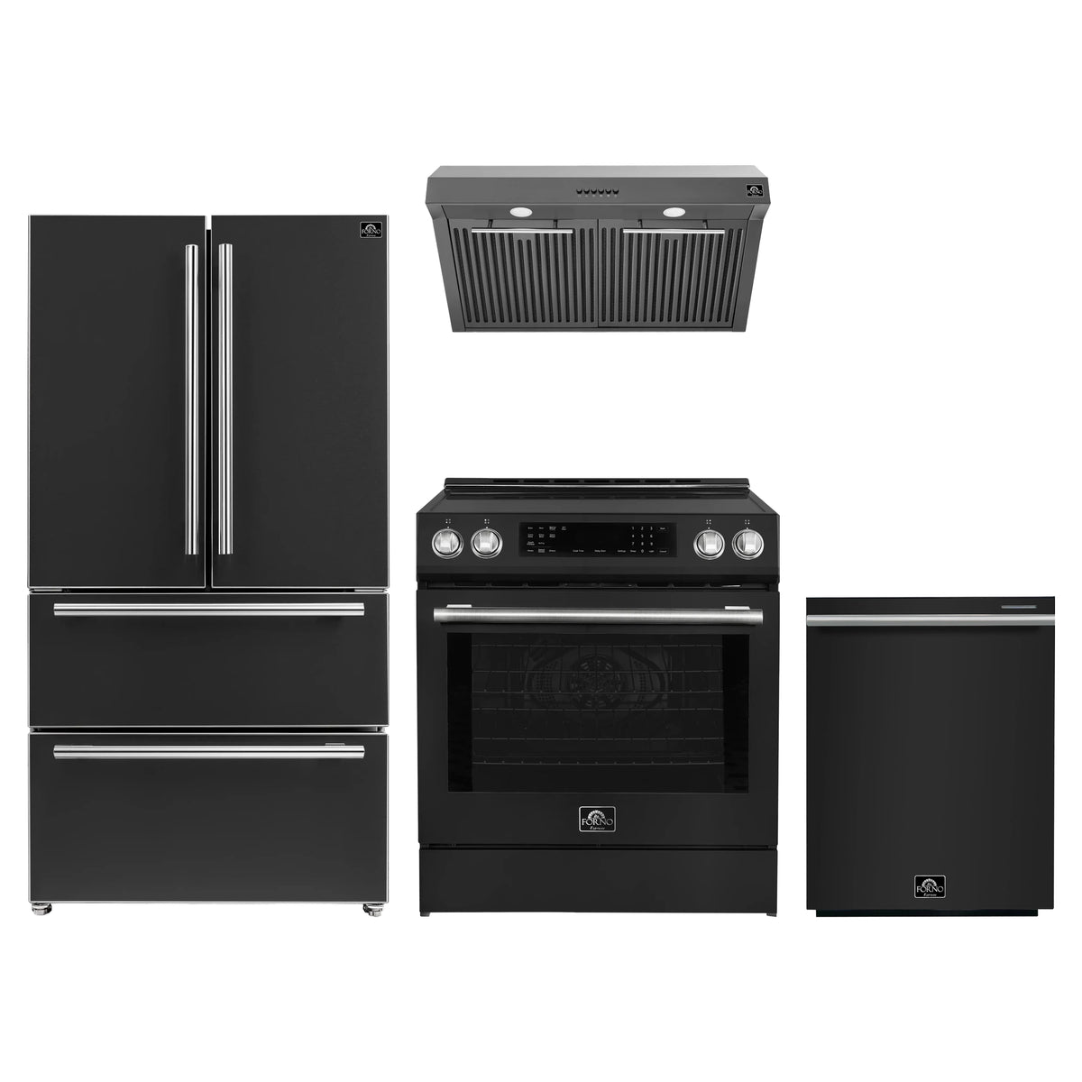 Forno Espresso 4-Piece Appliance Package - 30-Inch Induction Range, Under Cabinet Range Hood, Refrigerator and Dishwasher in Black with Stainless Steel Trim