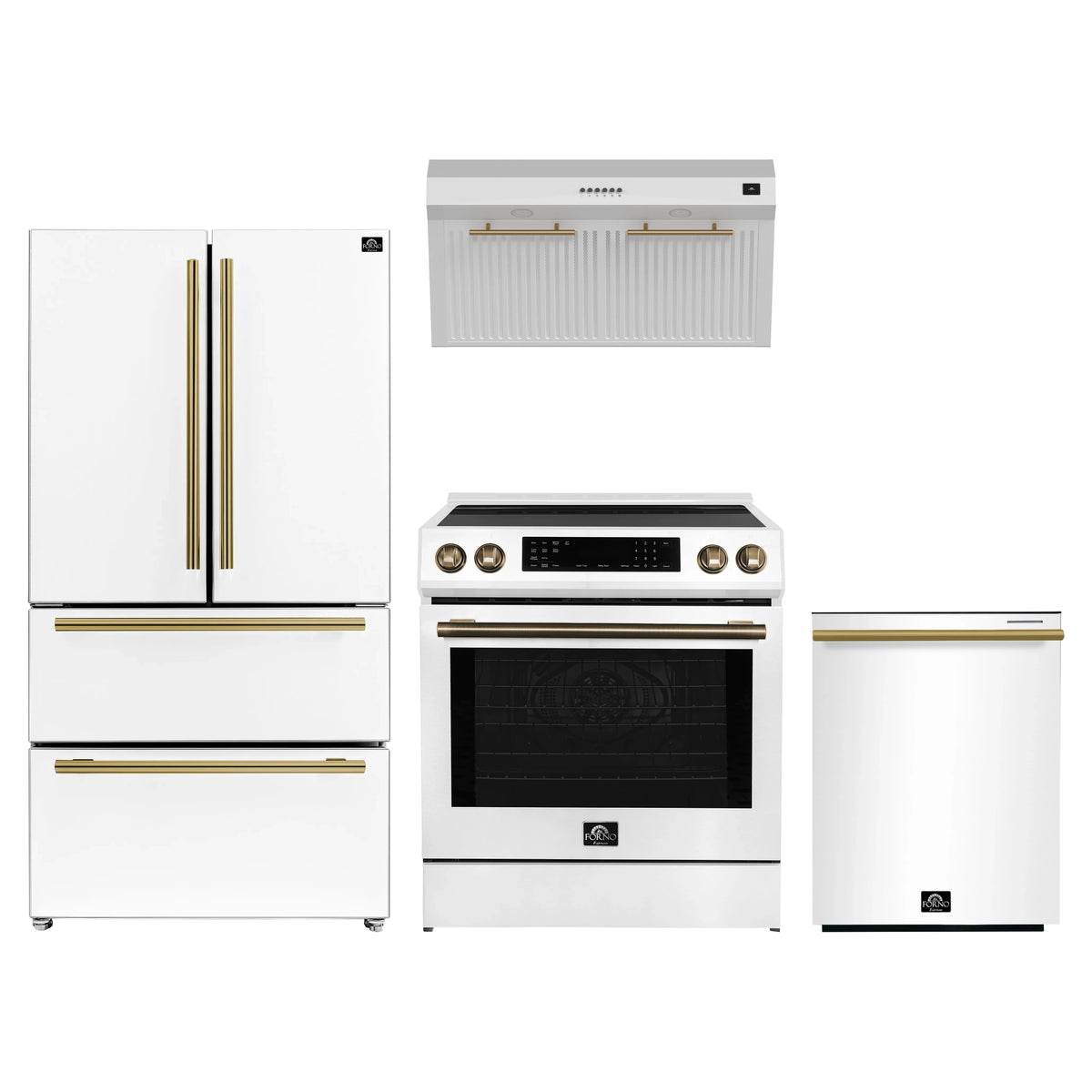 Forno Espresso 4-Piece Appliance Package - 30-Inch Induction Range, Under Cabinet Range Hood, Refrigerator and Dishwasher in White with Antique Brass Trim
