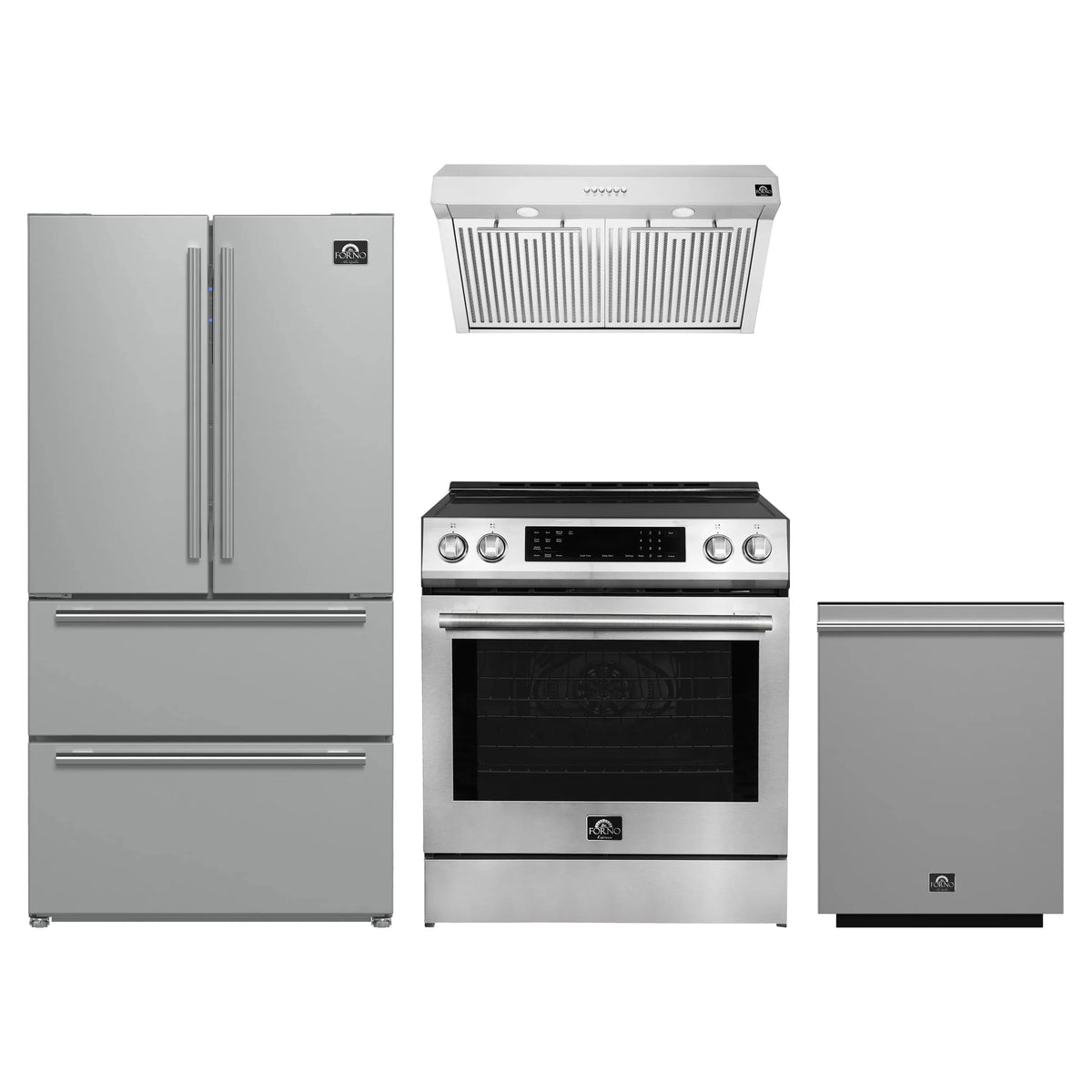 Forno Espresso 4-Piece Appliance Package - 30-Inch Induction Range, Under Cabinet Range Hood, Refrigerator and Dishwasher in Stainless Steel