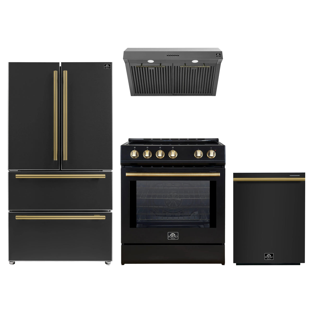 Forno 4-Piece Appliance Package - 30-Inch Induction Range, Under Cabinet Range Hood, French Door Refrigerator, and Dishwasher in Black with Antique Brass Trim