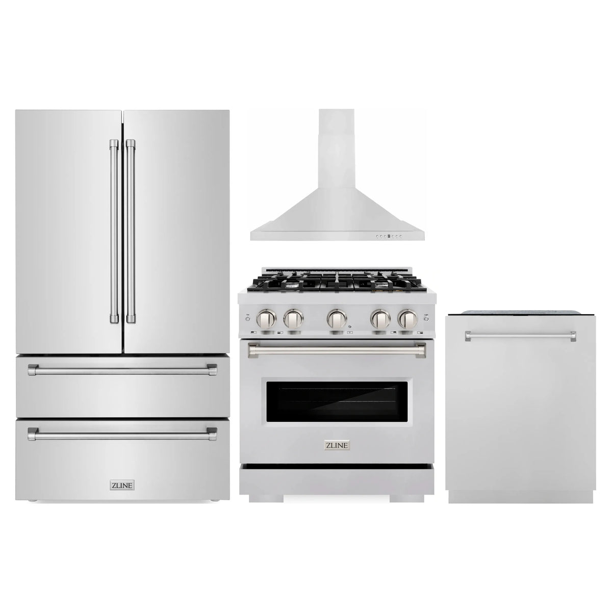 ZLINE 4-Piece Appliance Package - 30-Inch Dual Fuel Range, Hood, Refrigerator, and Dishwasher in Stainless Steel